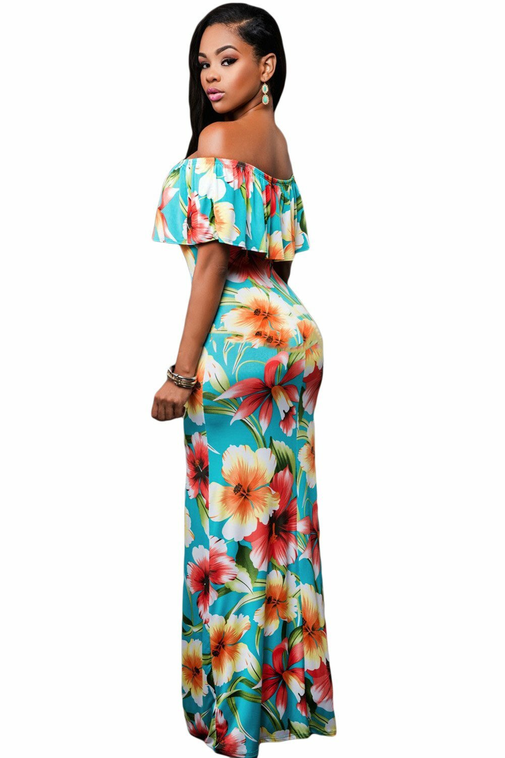 2024 Turquoise Roses Off-the-Shoulder Maxi Dress - Y2K Aesthetic, Coquette Style, Cute Fashion