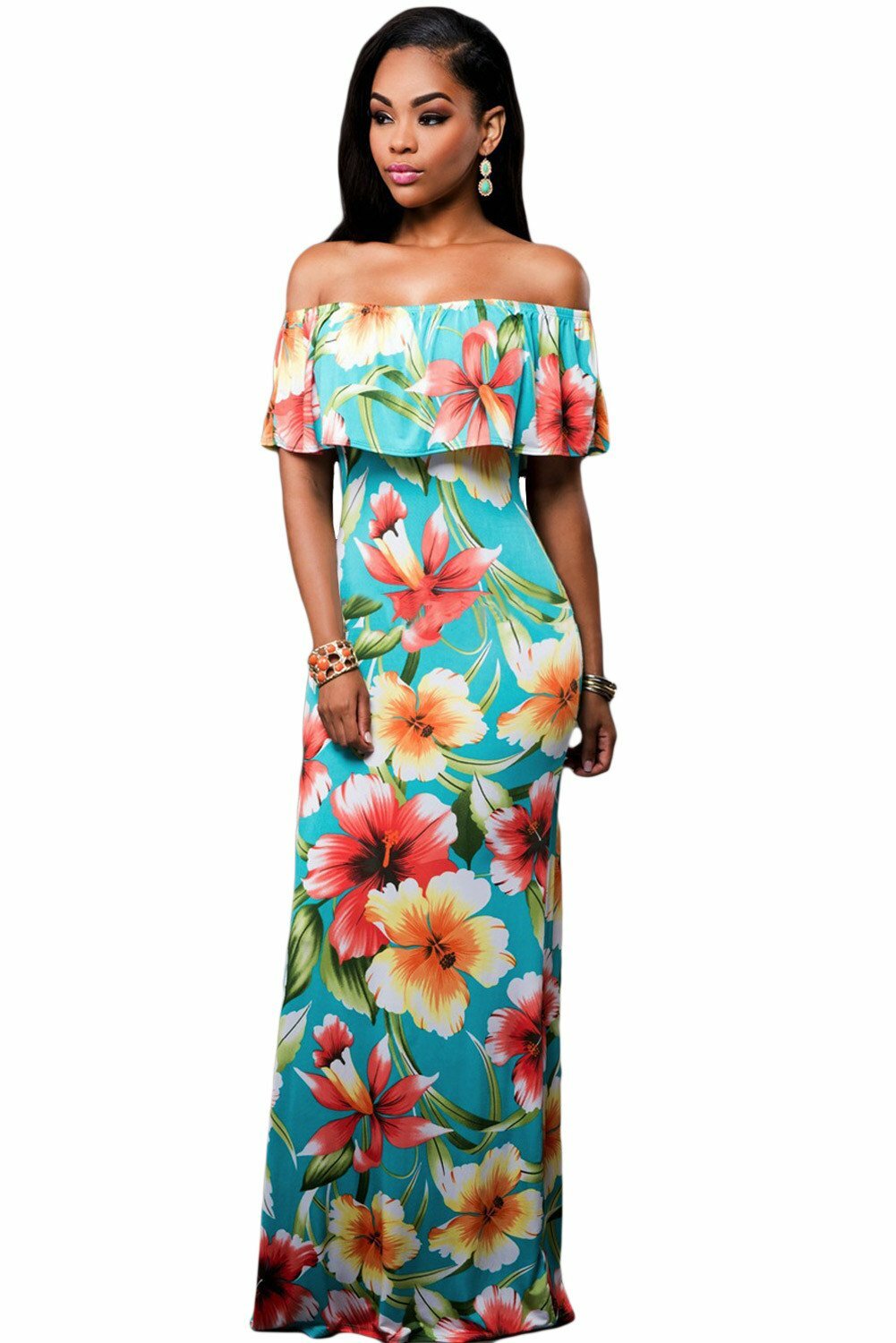 2024 Turquoise Roses Off-the-Shoulder Maxi Dress - Y2K Aesthetic, Coquette Style, Cute Fashion