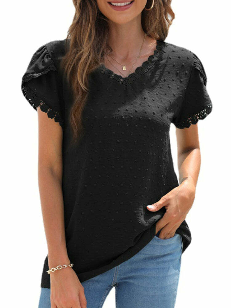 2024 Women's Y2K Petal Sleeve Chiffon Top - Cute V-Neck Lace Shirt for Coquette Aesthetic