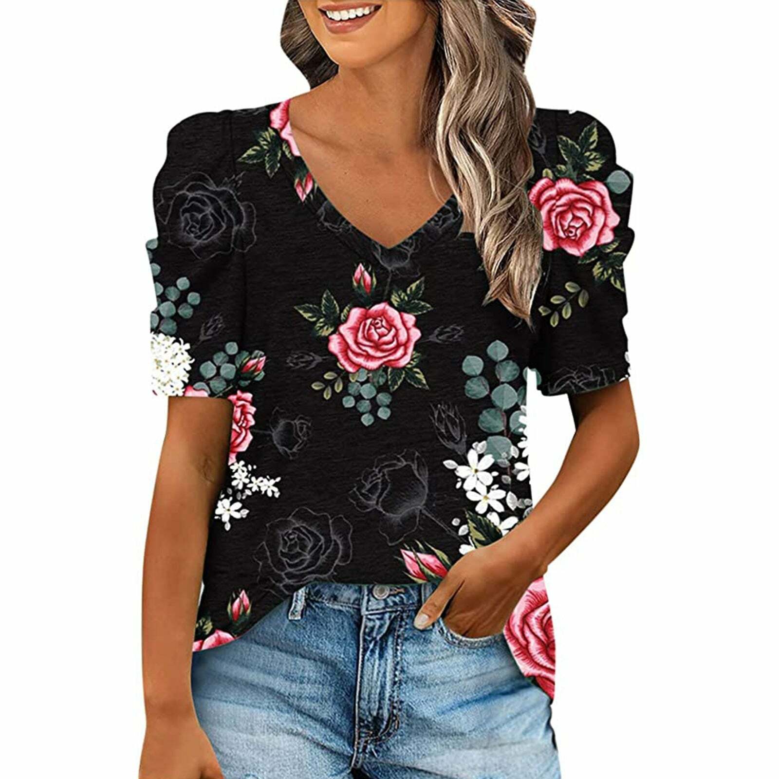 2024 Women's Y2K Smocked V-Neck Short-Sleeve Graphic Tee - Cute Coquette & Grunge Aesthetic