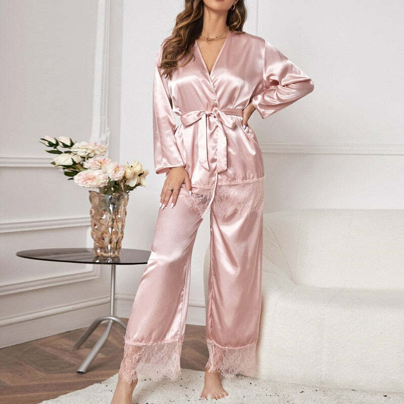 2024 Y2K Aesthetic Three-Piece Silk Satin Pajama Set for Cozy Nights & Cute Outfits