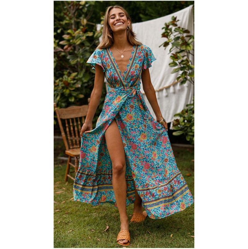 2024 Y2K Boho Floral High Split Maxi Dress - Cute Aesthetic Outfit for Summer Vibes