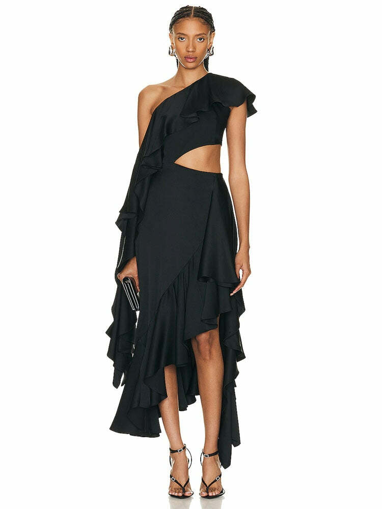 2024 Y2K-Inspired Black Slanted Shoulder Midi Dress with Cutout - Grunge & Coquette Aesthetic