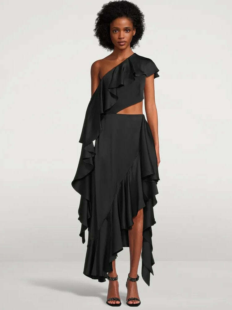 2024 Y2K-Inspired Black Slanted Shoulder Midi Dress with Cutout - Grunge & Coquette Aesthetic