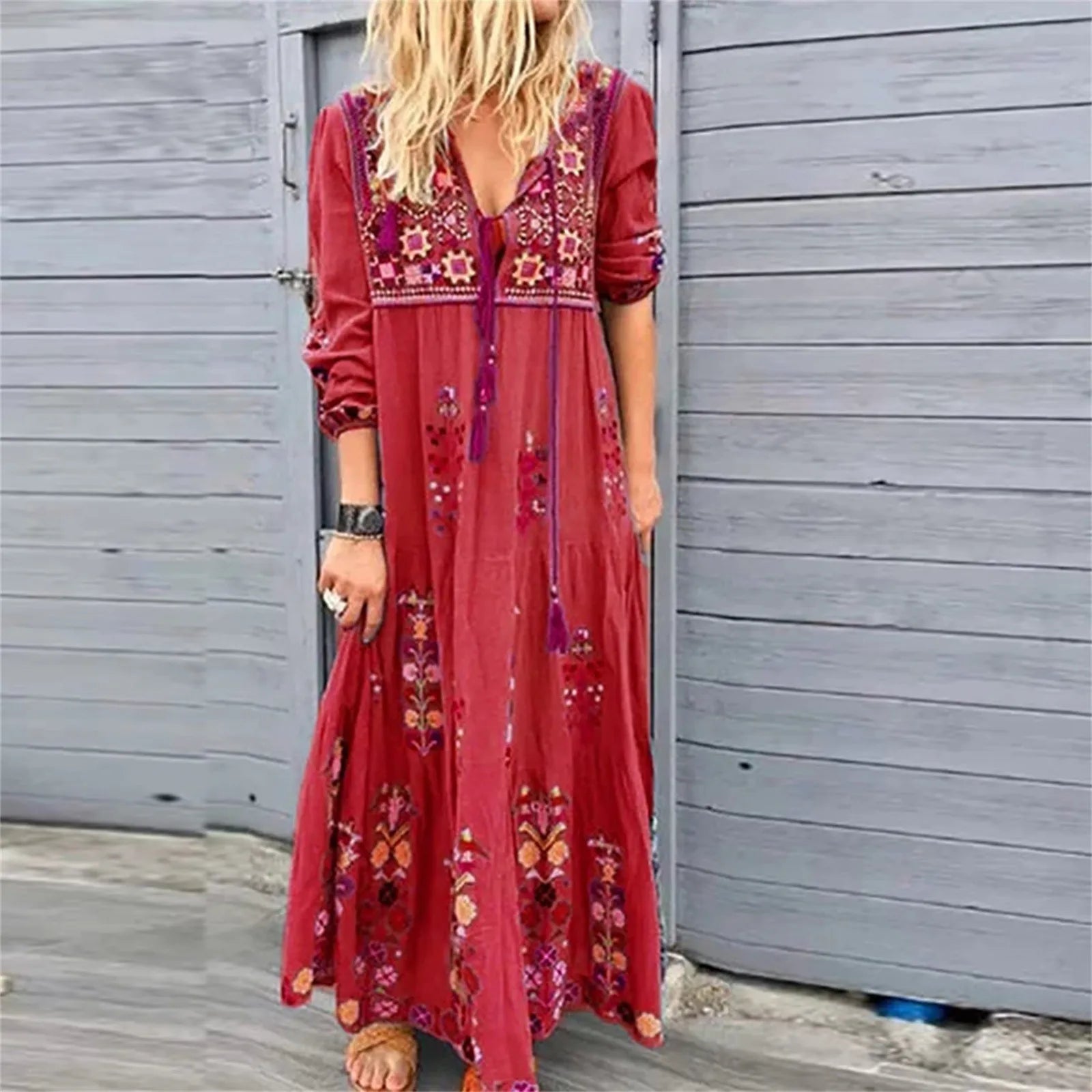 Bohemian V-Neck Long Sleeve Casual Dress - Y2K Aesthetic Retro Party Vestidos for Summer