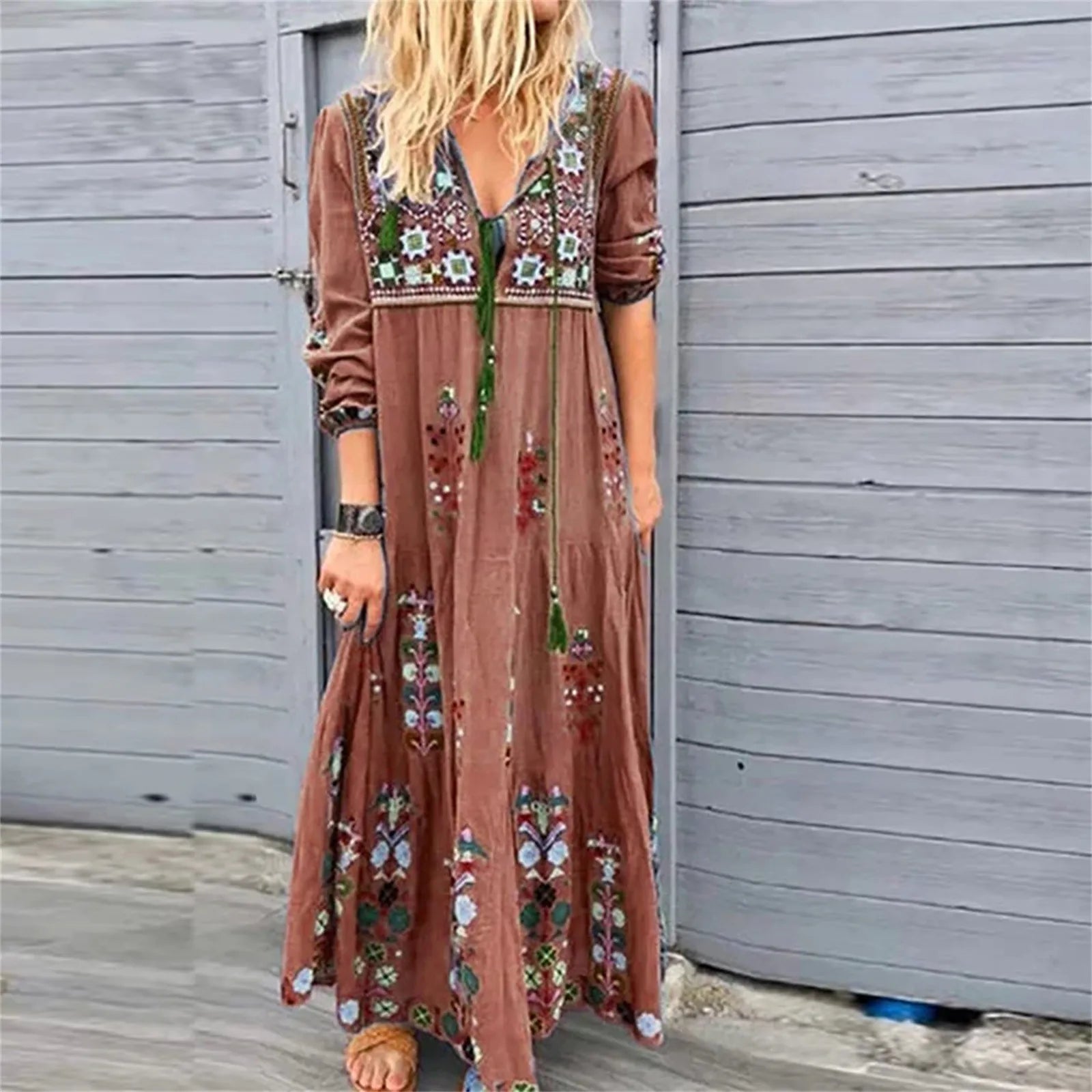 Bohemian V-Neck Long Sleeve Casual Dress - Y2K Aesthetic Retro Party Vestidos for Summer