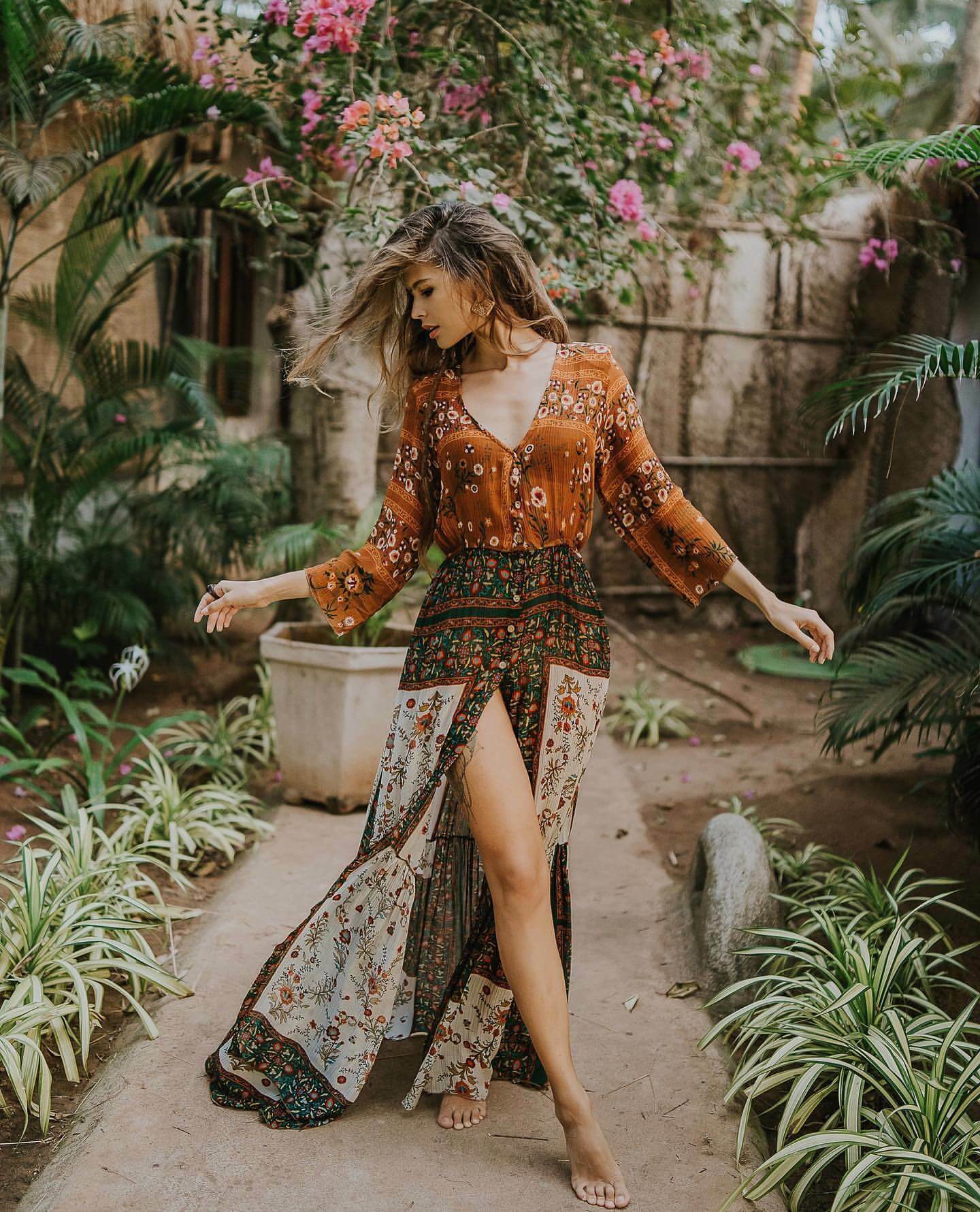 Boho Deep Split Maxi Dress - Y2K Aesthetic, Grunge Style, and Coquette Vibes