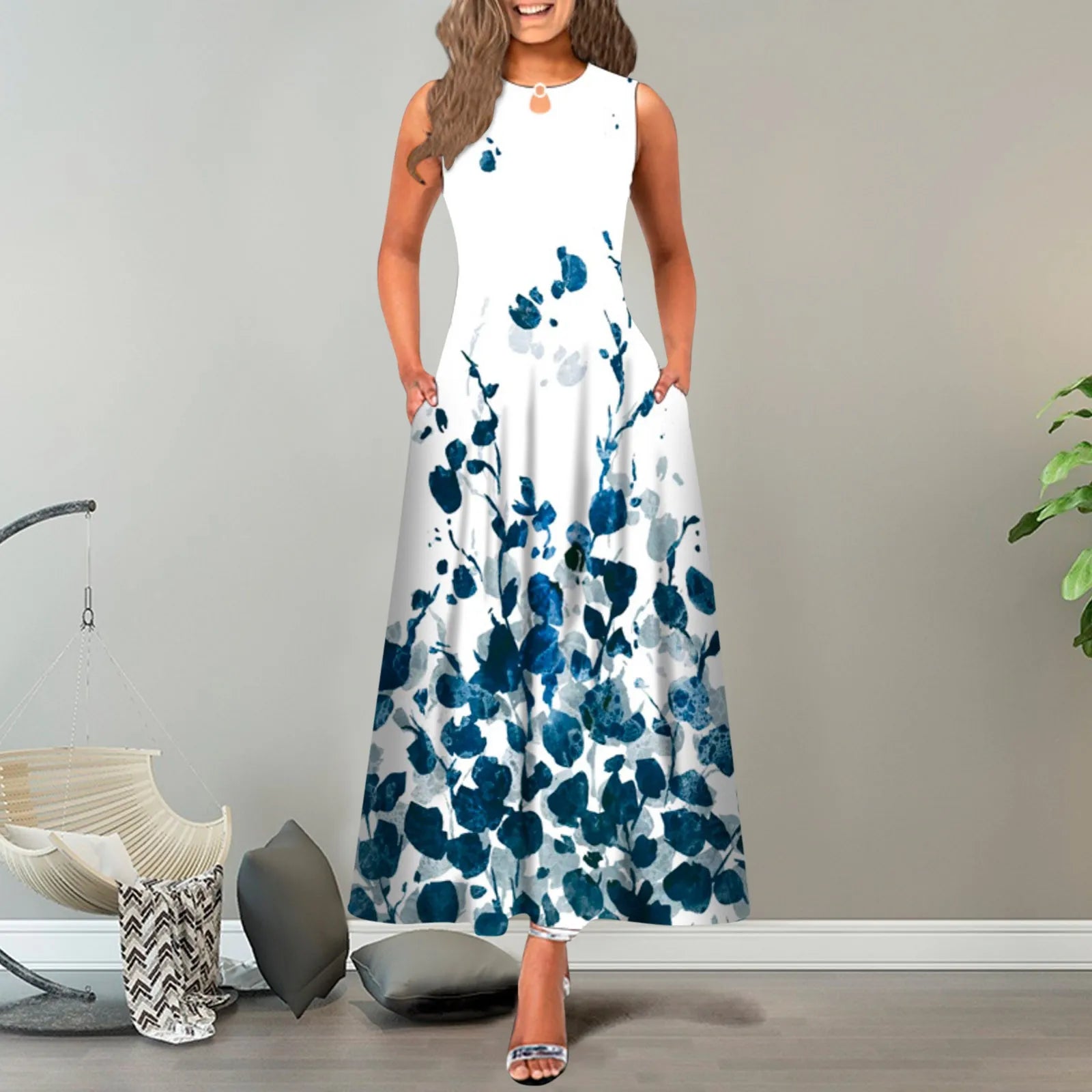 Boho Floral Maxi Dress with Pockets - Vintage Sleeveless Long Dress for Summer Aesthetic