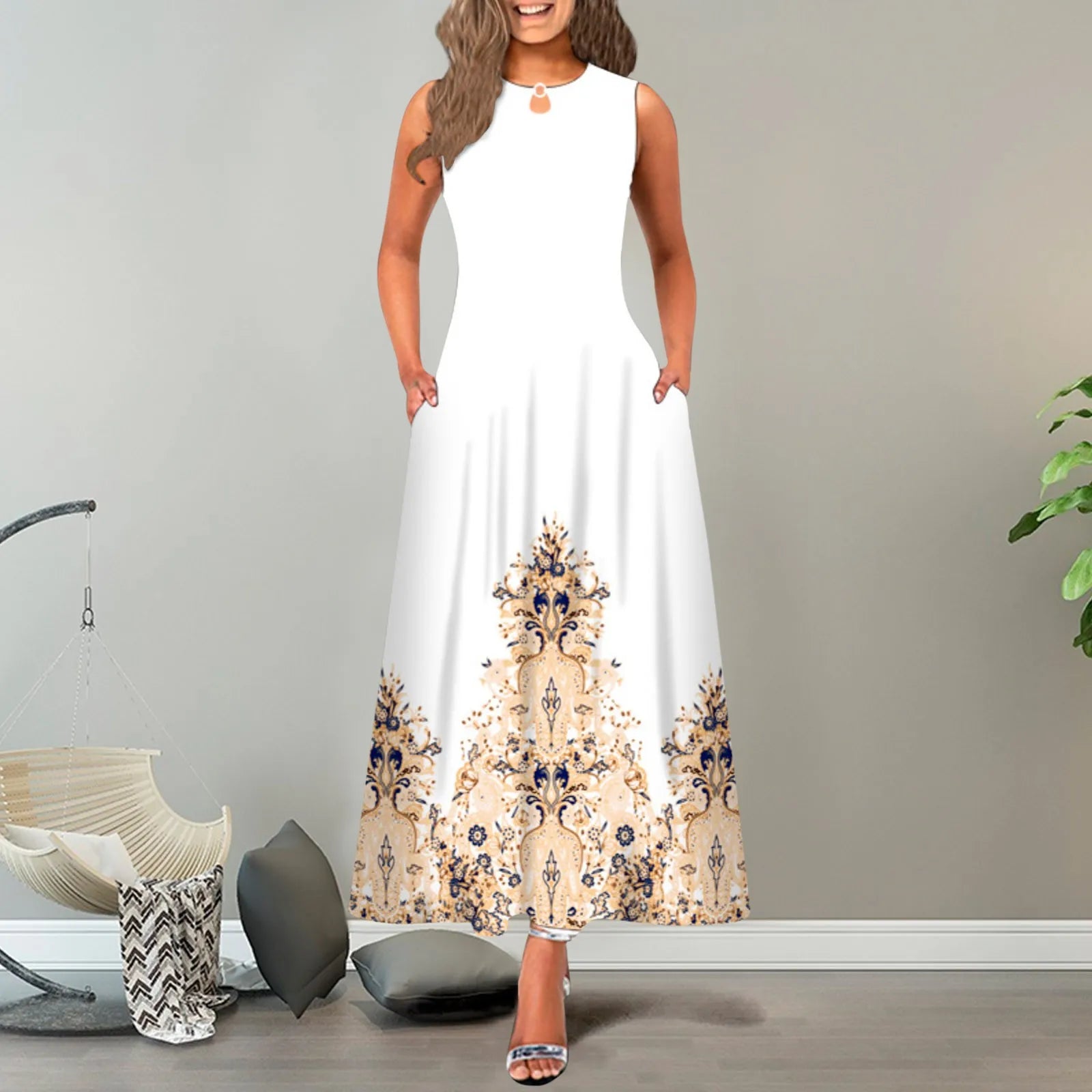 Boho Floral Maxi Dress with Pockets - Vintage Sleeveless Long Dress for Summer Aesthetic