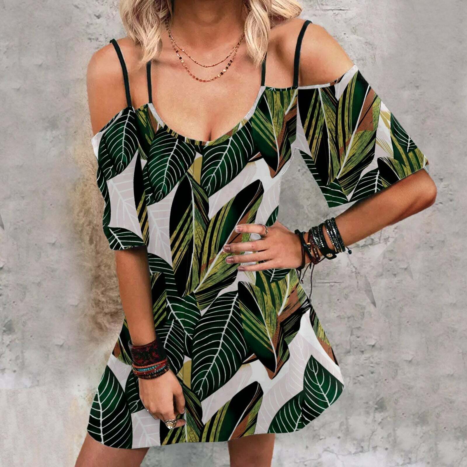 Boho Leaves Print Spaghetti Strap Dress - Y2K Aesthetic, Coquette Style, Cute Summer Outfit