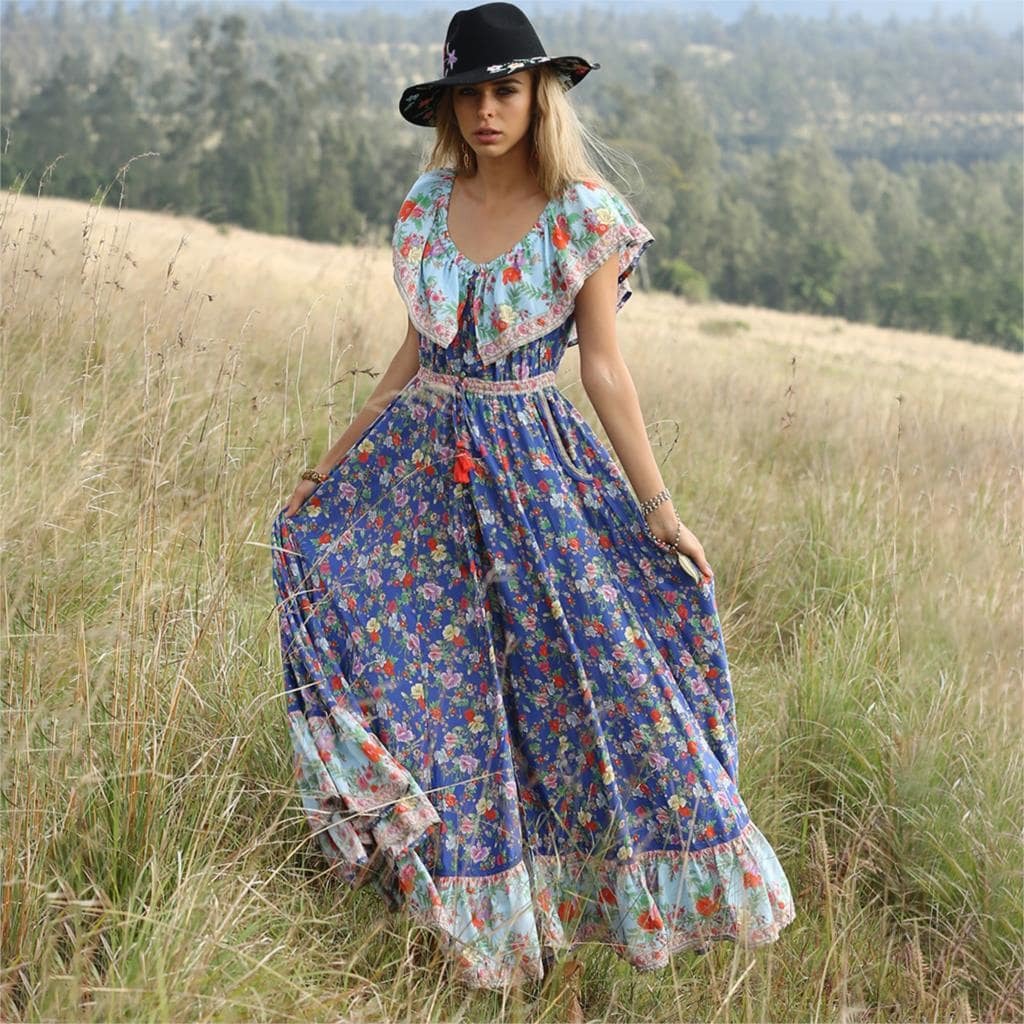 Boho Vintage Ruffle Slash Neck Summer Dress - Y2K Aesthetic, Cute & Comfy for Every Occasion