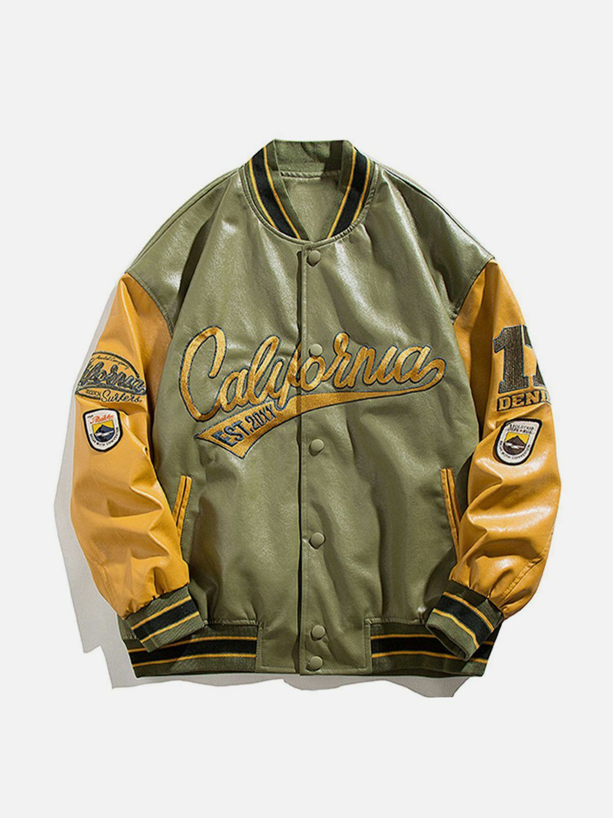 California PU Stitching Varsity Jacket - Y2K Fashion Meets Coquette Aesthetic Style