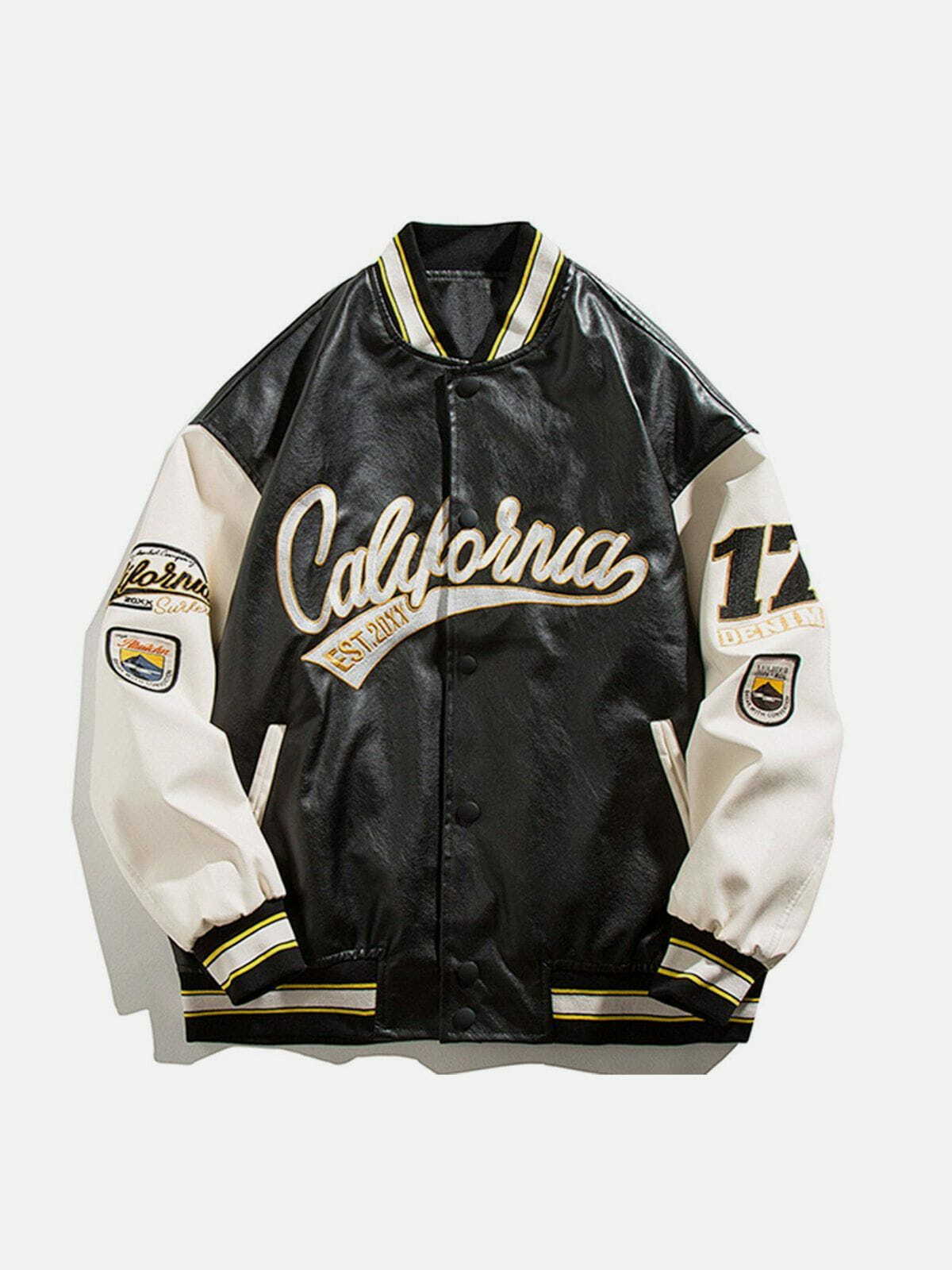 California PU Stitching Varsity Jacket - Y2K Fashion Meets Coquette Aesthetic Style