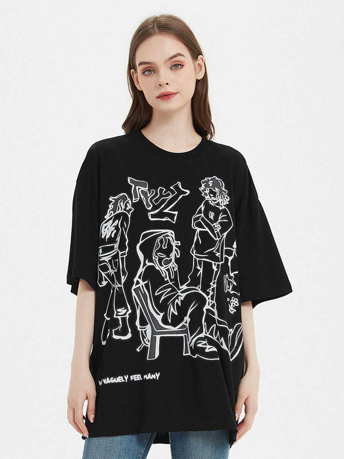 Cartoon Character Print Tee - Y2K Aesthetic Cute Top for Coquette & Grunge Styles