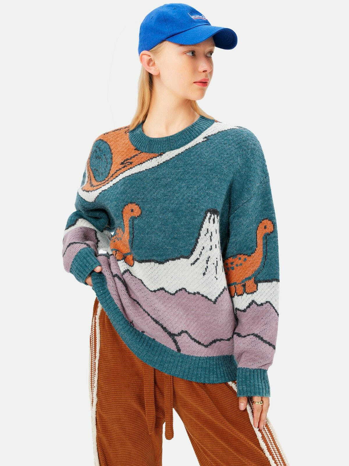 Cartoon Little Dinosaur Knit Sweater - Y2K Aesthetic Cute Top for Cozy Fall Vibes