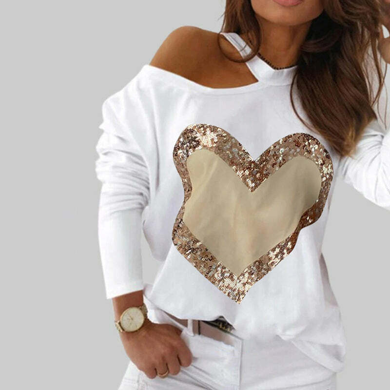 Casual Heart Print Sequin Blouse - Y2K Aesthetic Top for Coquette & Grunge Styles