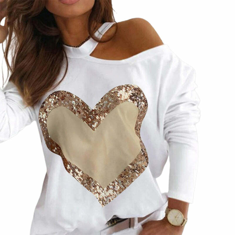 Casual Heart Print Sequin Blouse - Y2K Aesthetic Top for Coquette & Grunge Styles