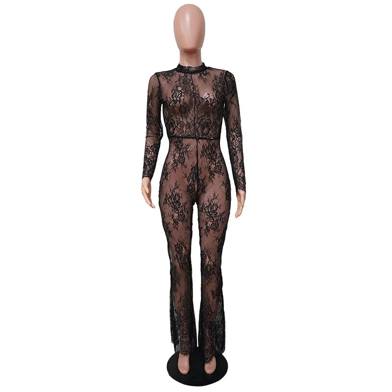 Chic Black Lace Perspective Plus Size Long Sleeve Jumpsuit - Y2K Grunge & Coquette Aesthetic