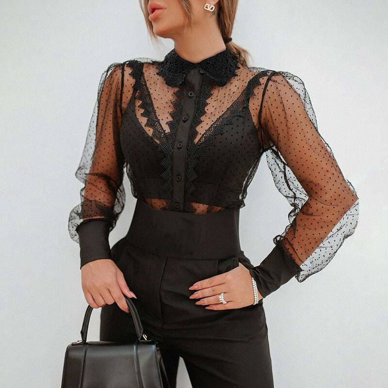 Chic Black Polka Dot Sheer Shirt - Y2K Aesthetic, Coquette Style, Perfect for Grunge Outfits