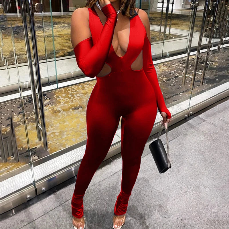 Chic Deep V-Neck Off Shoulder Long Sleeve Jumpsuit - Y2K Fashion & Coquette Aesthetic