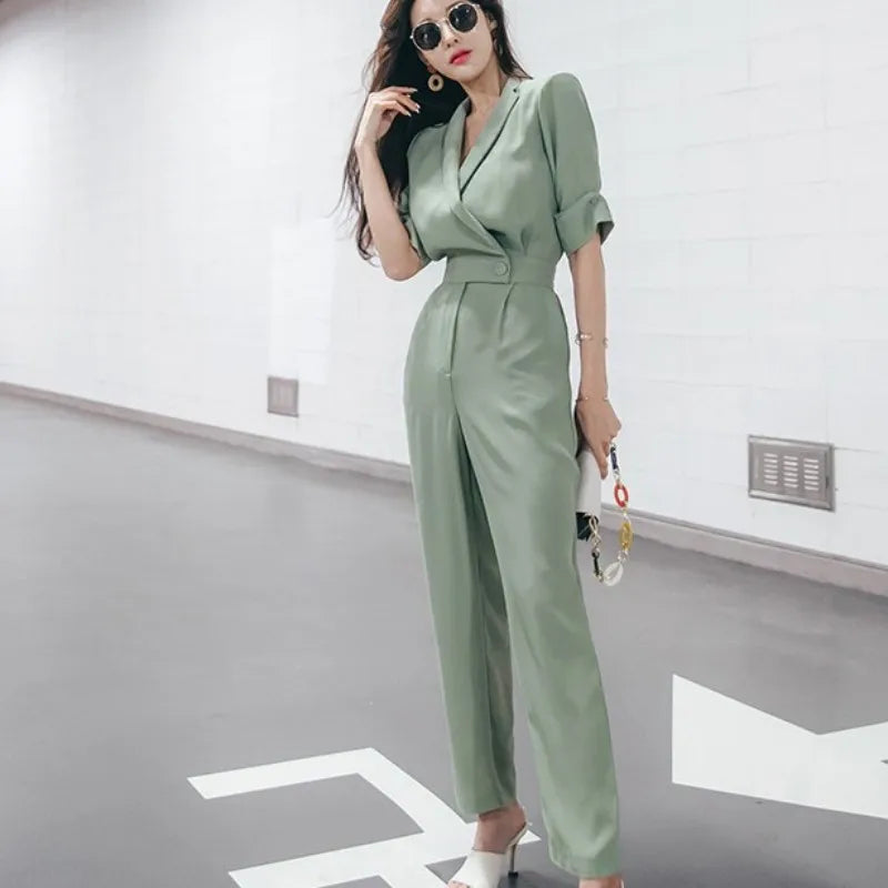 Chic Green V-Neck Slim Fit Jumpsuit - Y2K Aesthetic, Coquette Style, and Grunge Vibes