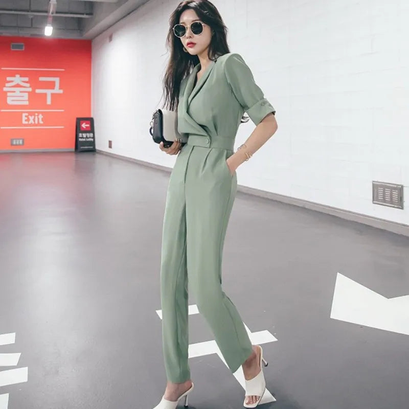 Chic Green V-Neck Slim Fit Jumpsuit - Y2K Aesthetic, Coquette Style, and Grunge Vibes