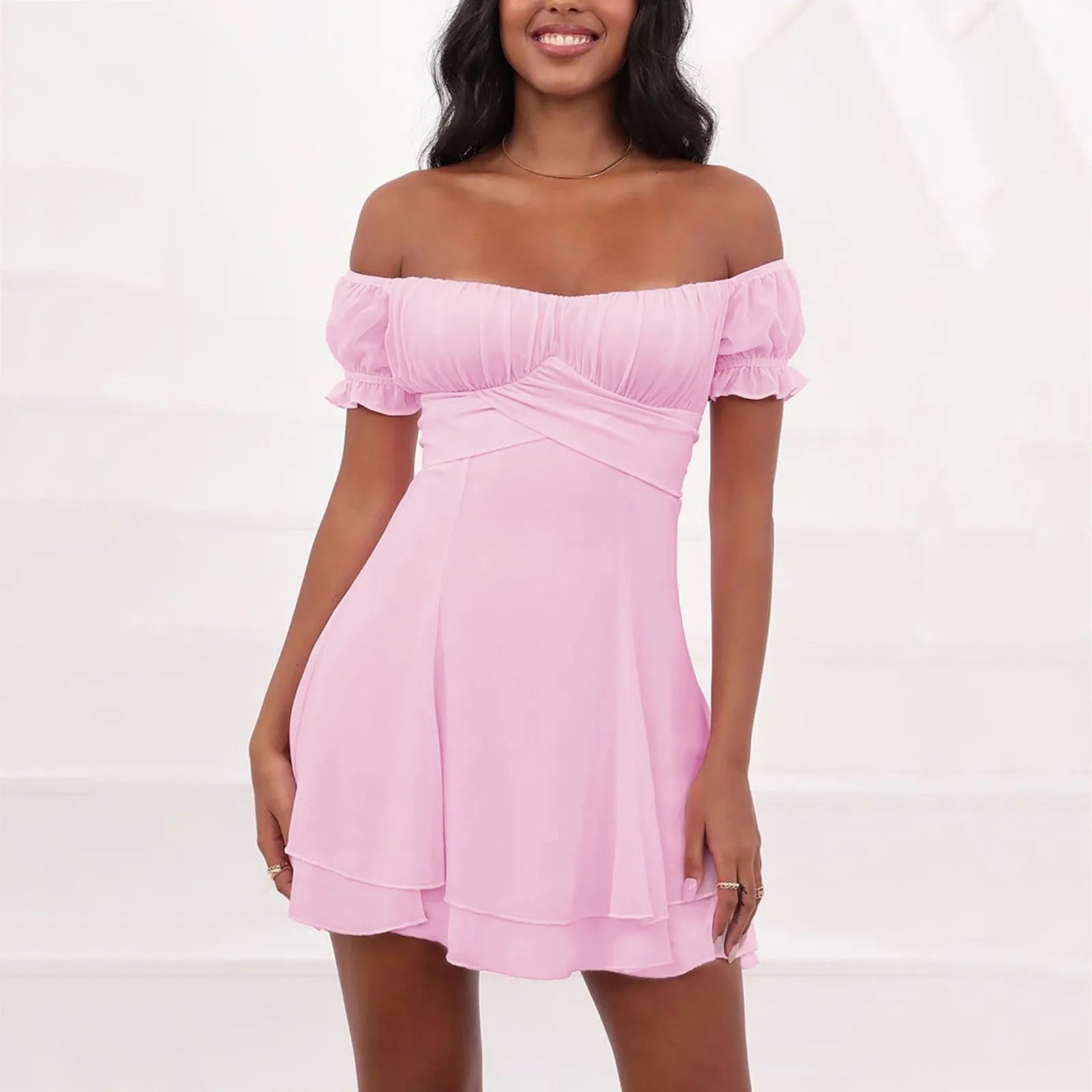 Chic Off-The-Shoulder Ruffle Dress - Solid Color, High Waist, Backless Y2K Aesthetic Style