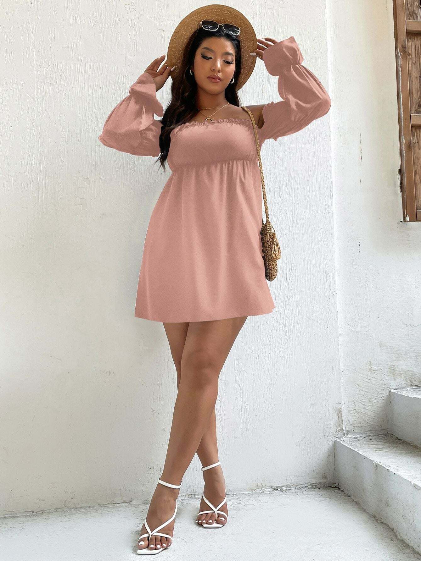 Chic Pink Off-Shoulder Tunic Dress - Y2K Aesthetic, Coquette Style, Perfect for Fall