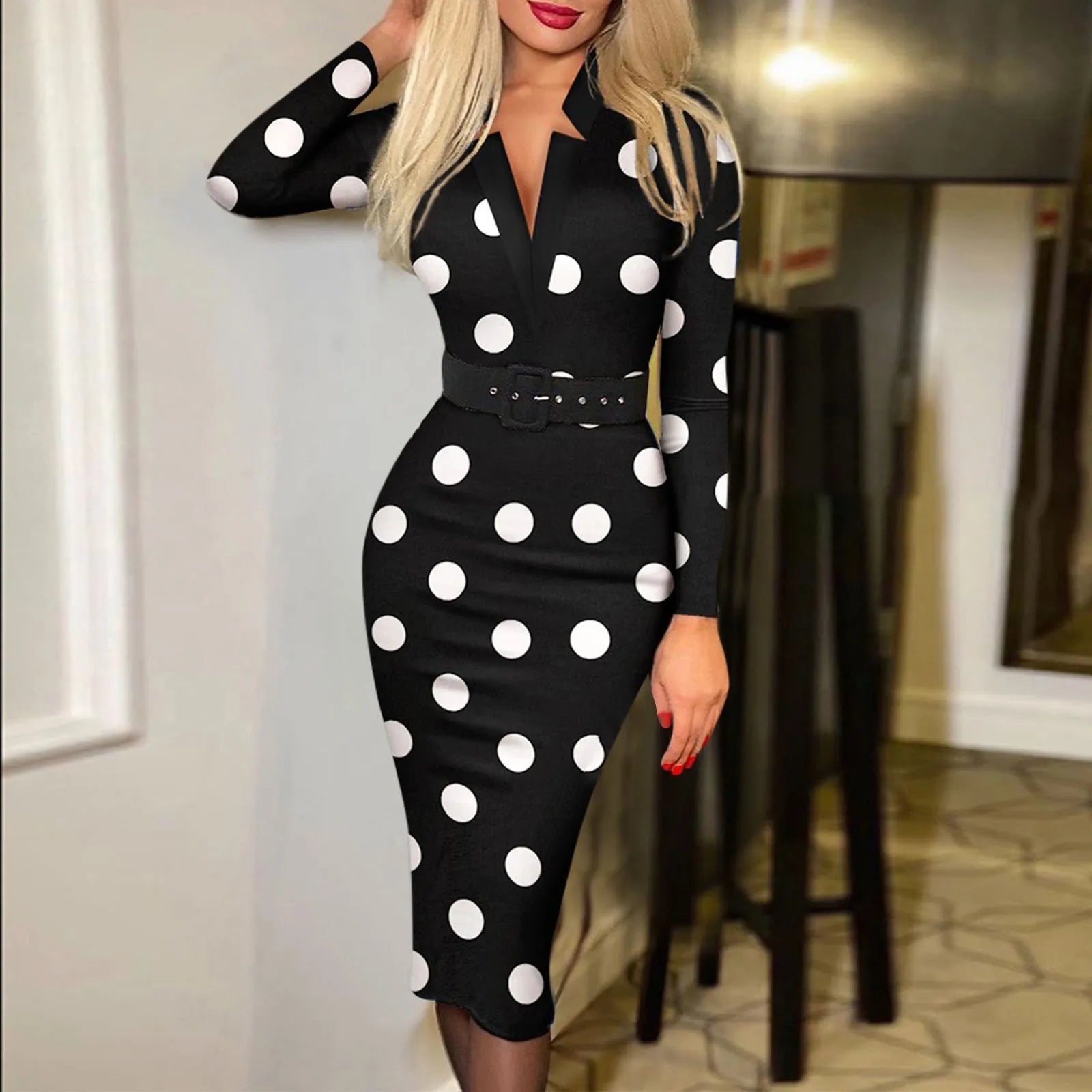 Chic Polka Dot Bodycon Maxi Dress with V-Neck Long Sleeves for Y2K and Coquette Aesthetic