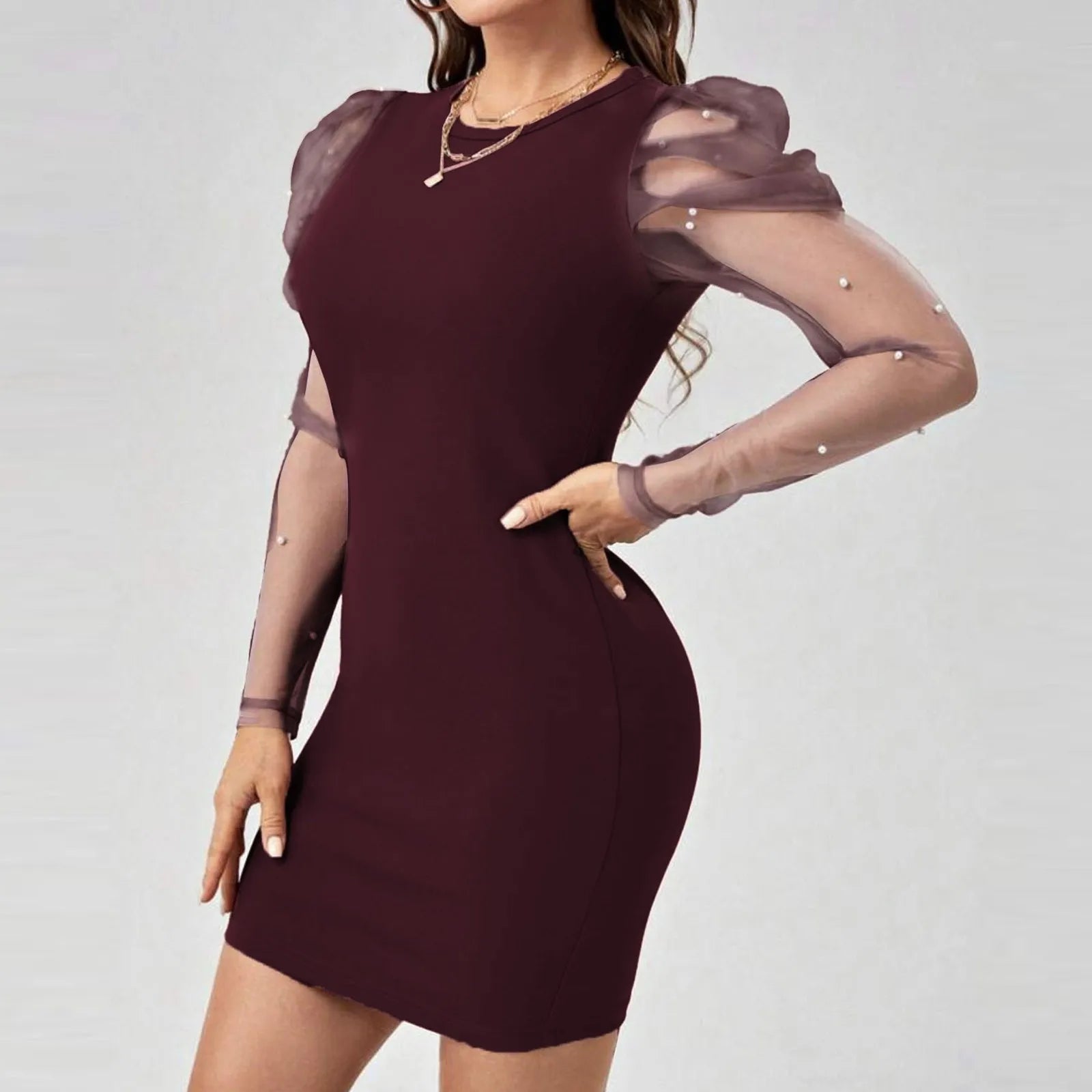 Chic Solid Color Mesh Splicing Bodycon Mini Dress - Y2K Aesthetic Party Style