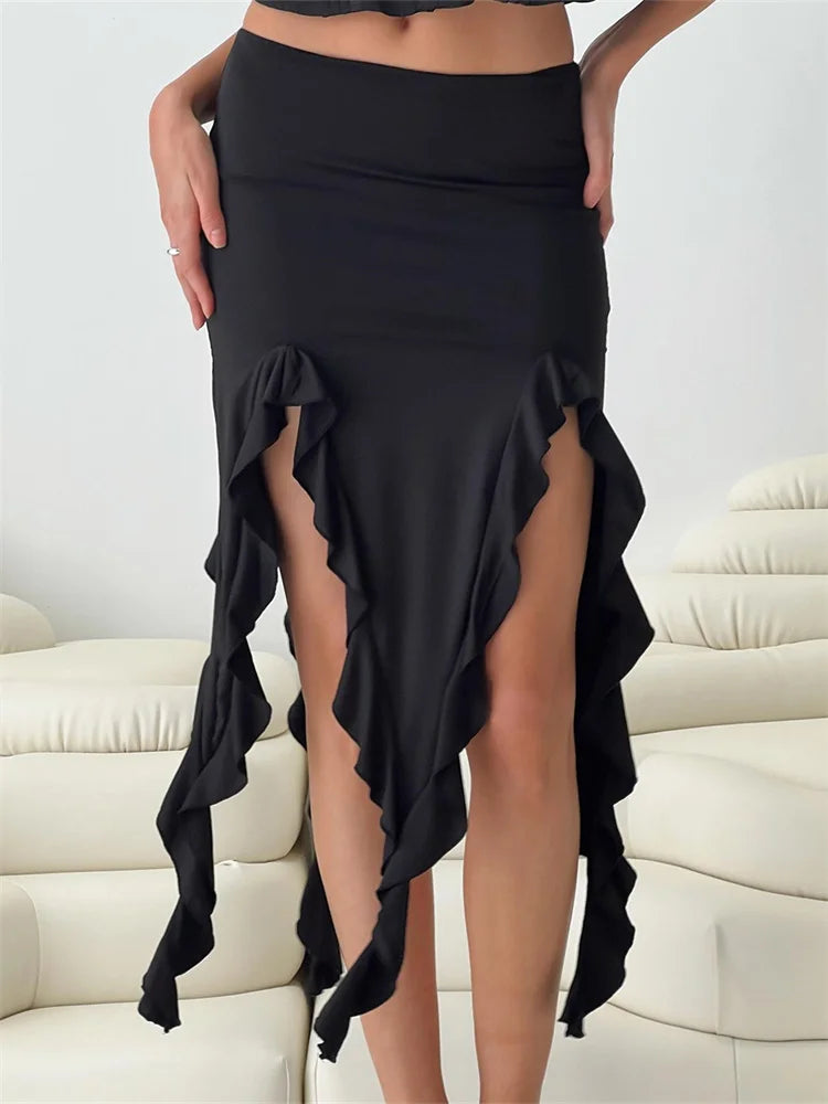 Chic Solid Color Midi Skirt with Ruffle Asymmetrical Hem for Y2K & Coquette Aesthetic