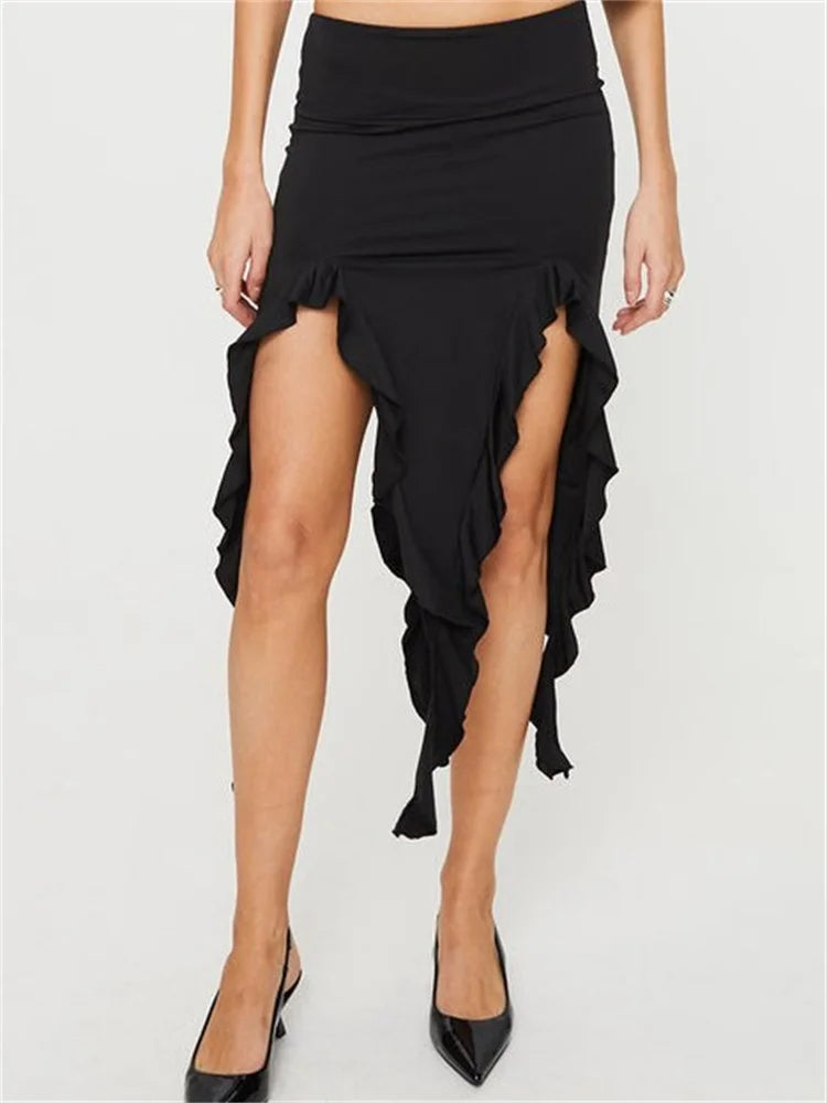 Chic Solid Color Midi Skirt with Ruffle Asymmetrical Hem for Y2K & Coquette Aesthetic