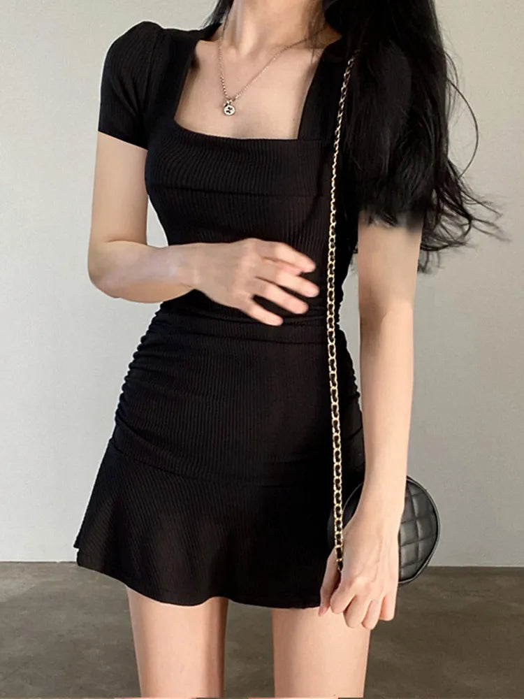 Chic Solid Ribbed Square-Collar Mini Dress - Y2K Aesthetic Casual Style for Every Occasion