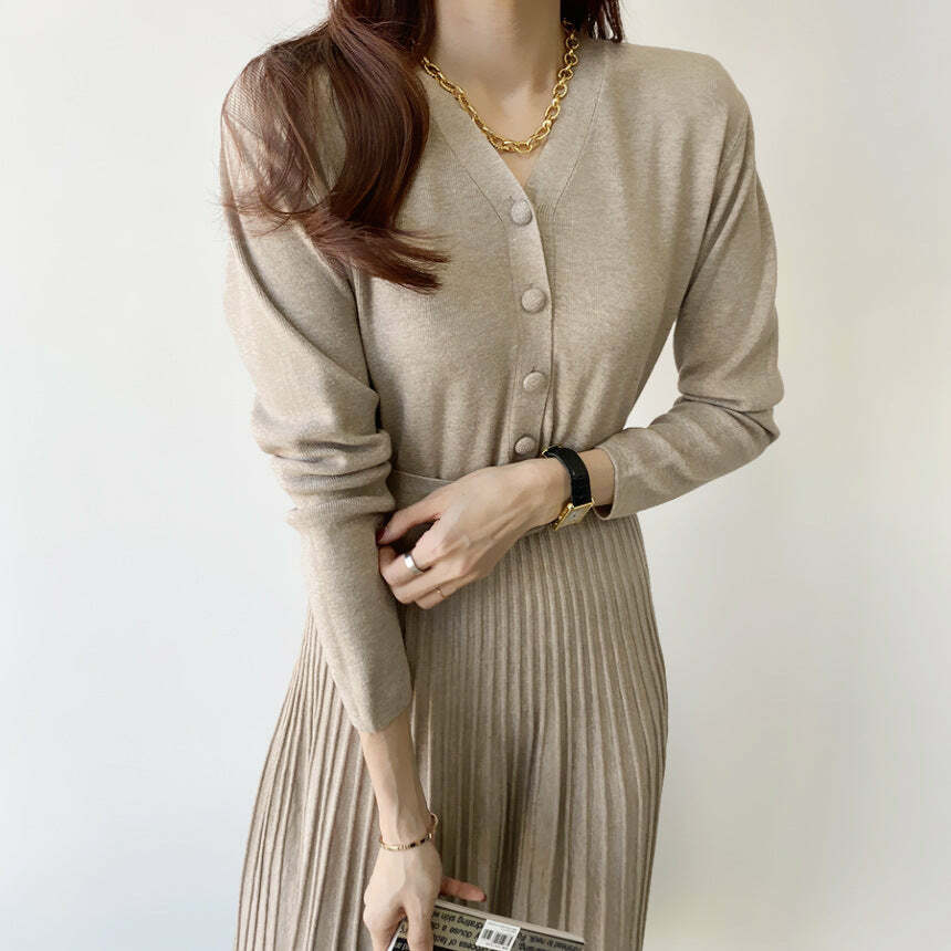 Chic V-Neck Thicken Sweater Dress for Y2K, Coquette, and Grunge Aesthetic Styles