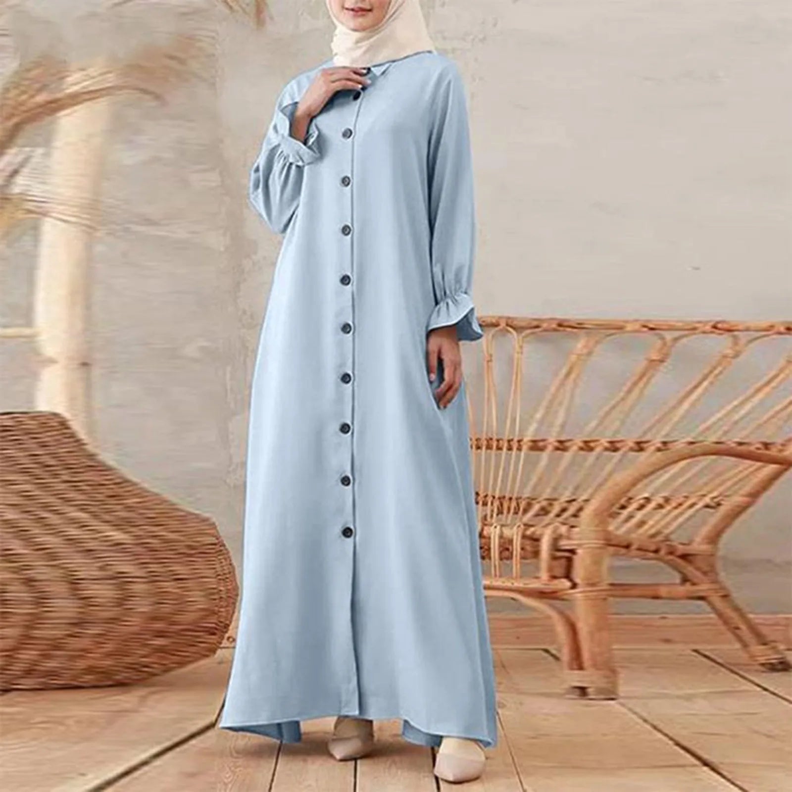 Chic Y2K Aesthetic Long Sleeve Abaya Dress - Buttoned Muslim Robe for Modern Style