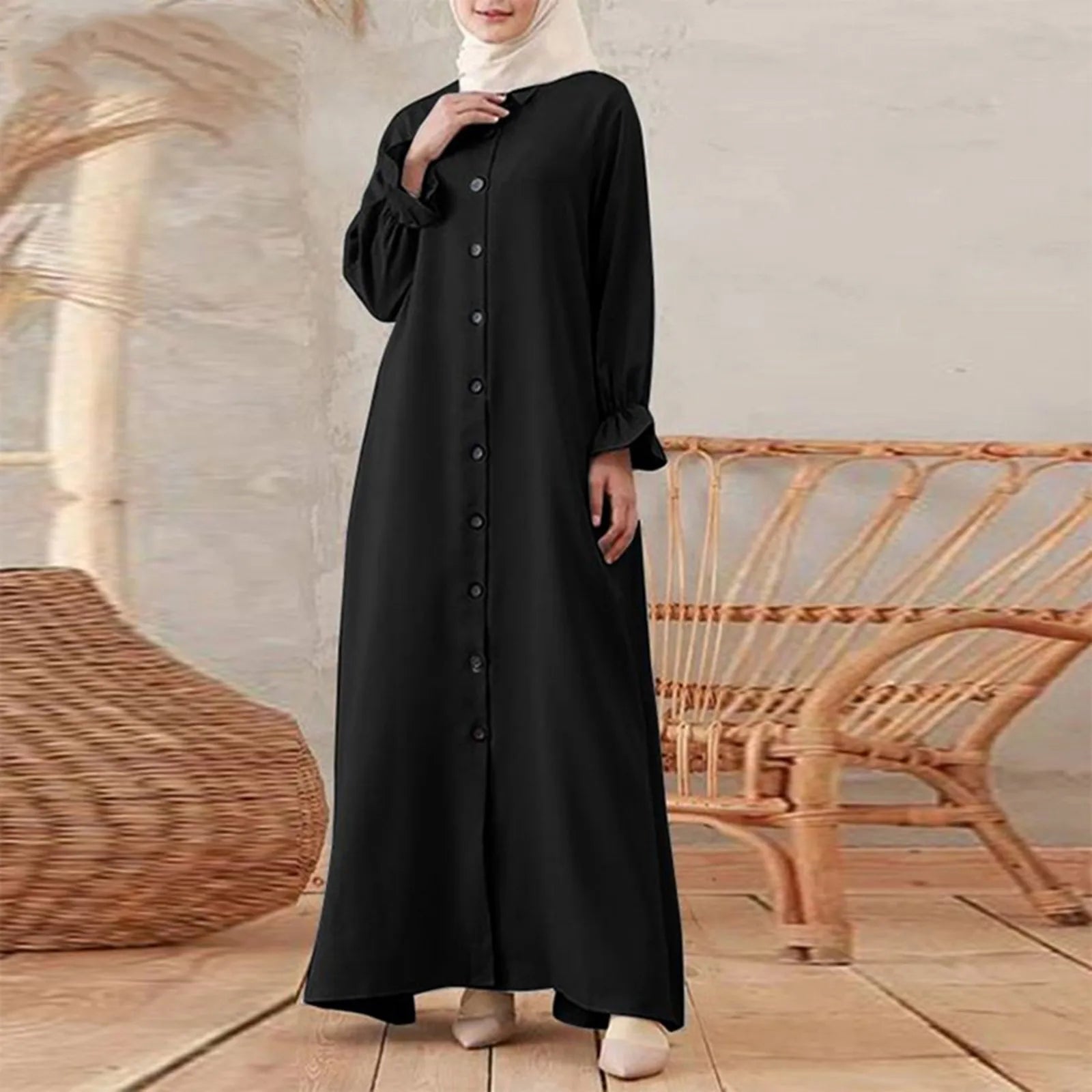 Chic Y2K Aesthetic Long Sleeve Abaya Dress - Buttoned Muslim Robe for Modern Style