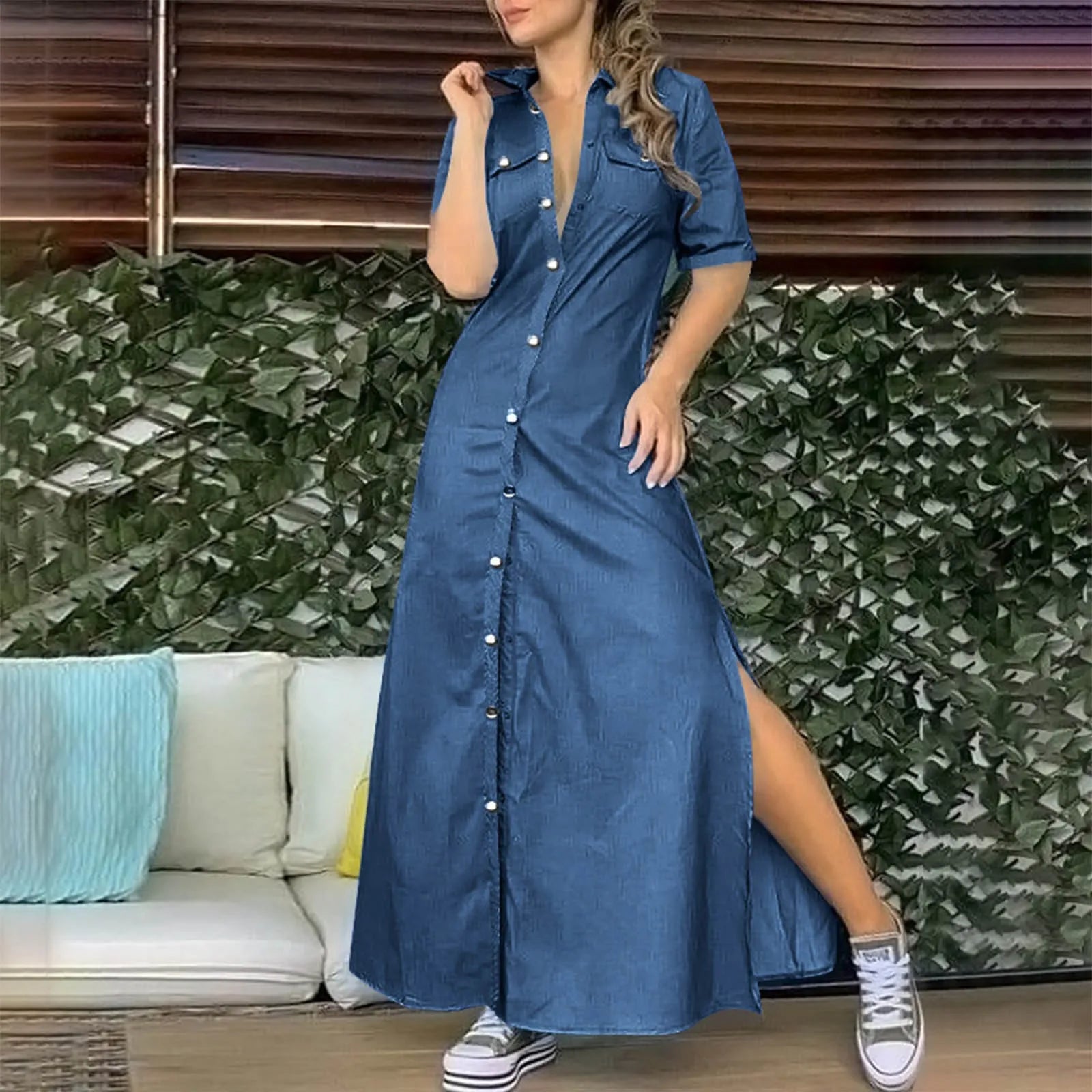 Chic Y2K Denim Maxi Dress with Pockets, Turndown Collar, and Slit - Perfect for Coquette & Grunge