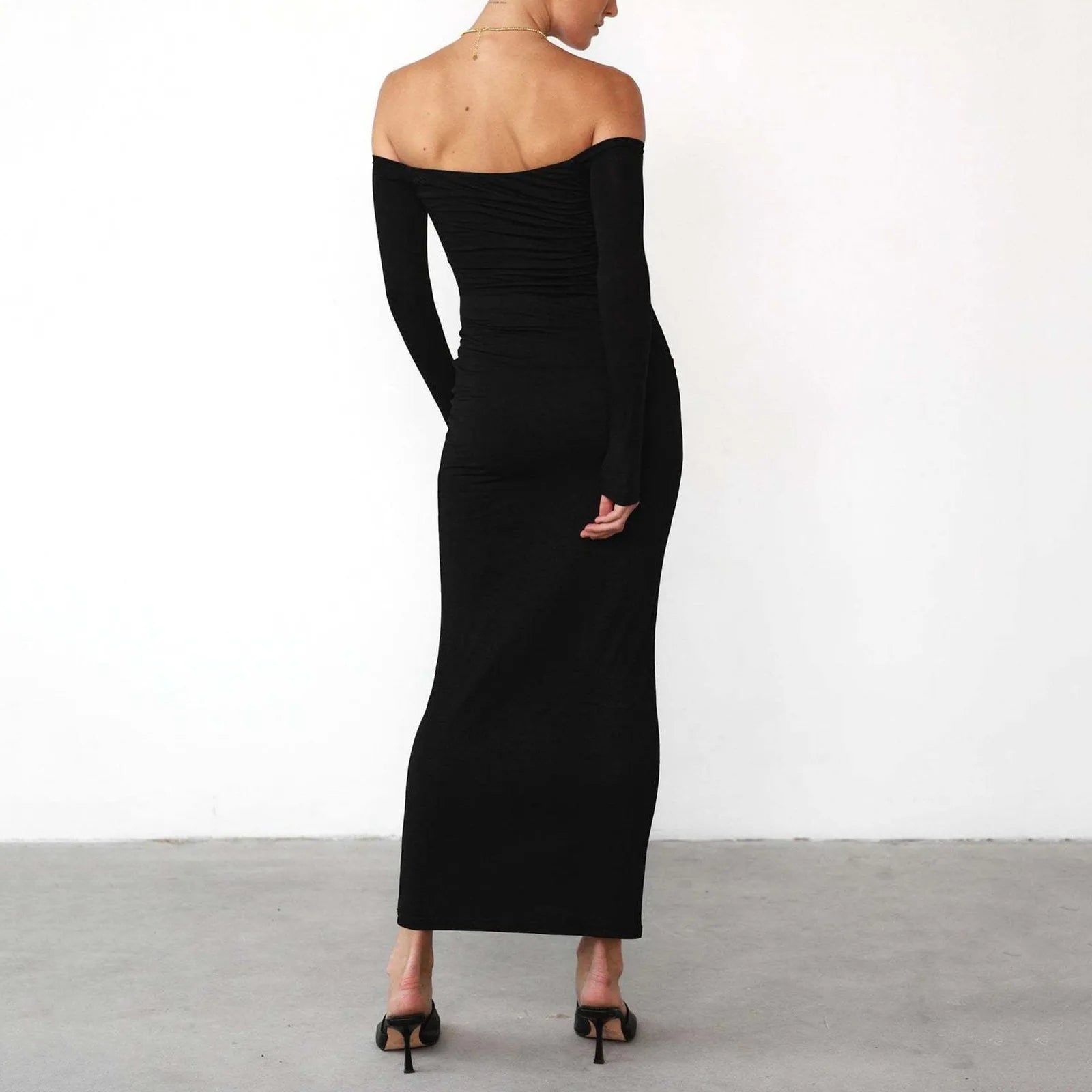 Chic Y2K Off-Shoulder Black Maxi Dress - Elegant Bodycon with Long Sleeves for Aesthetic Vibes