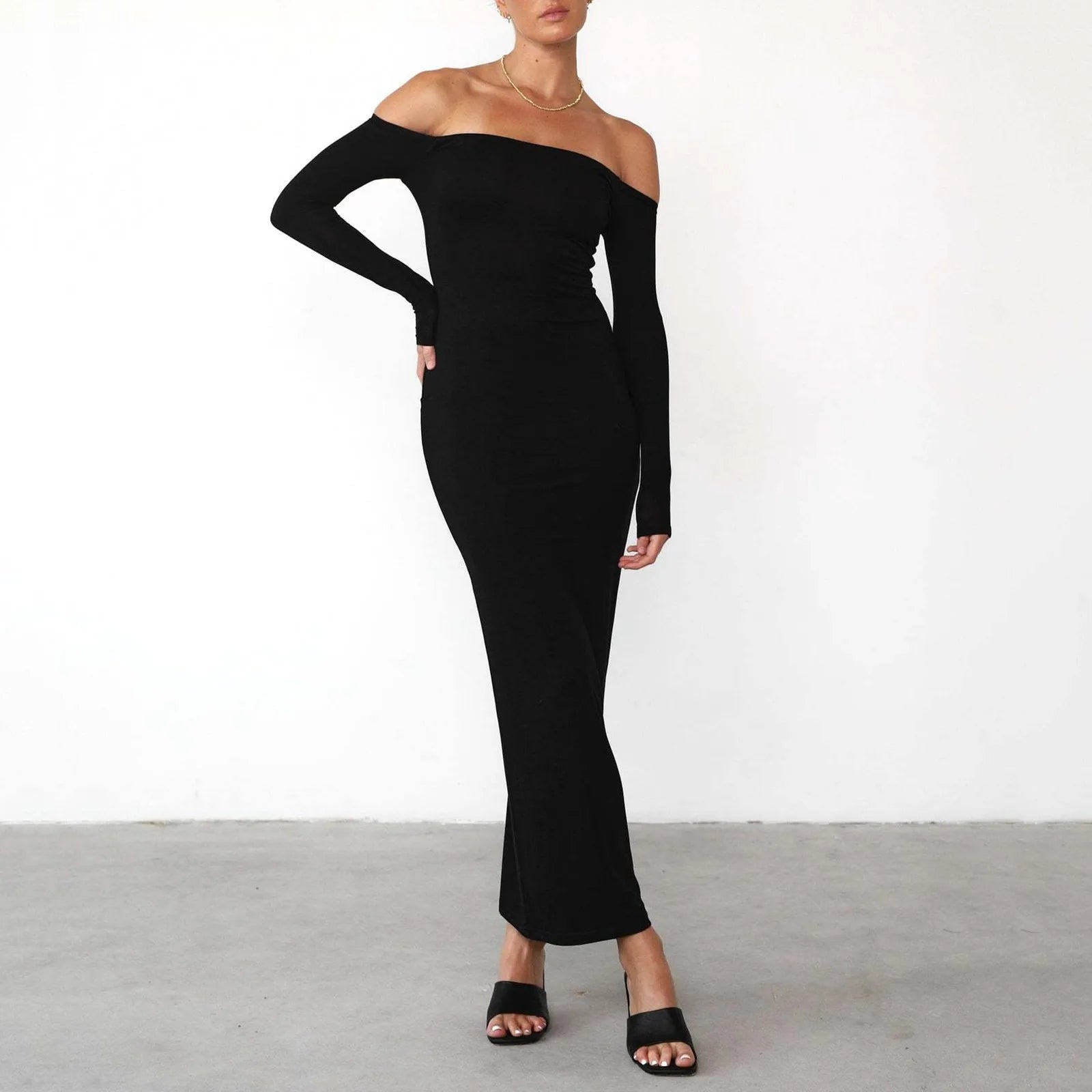 Chic Y2K Off-Shoulder Black Maxi Dress - Elegant Bodycon with Long Sleeves for Aesthetic Vibes