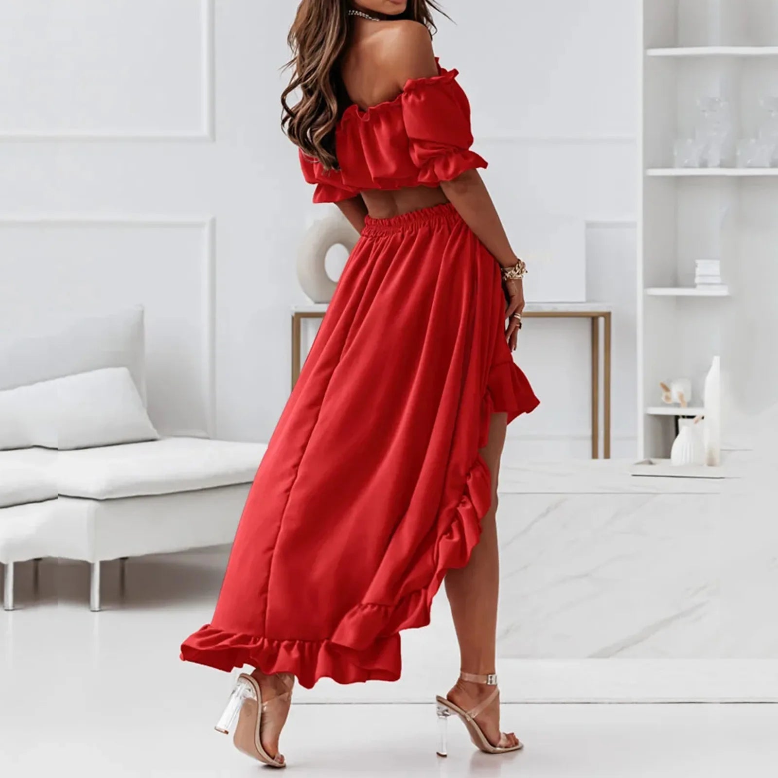 Chic Y2K Ruffle Maxi Dress with Puff Sleeves - Coquette Aesthetic Party Outfit