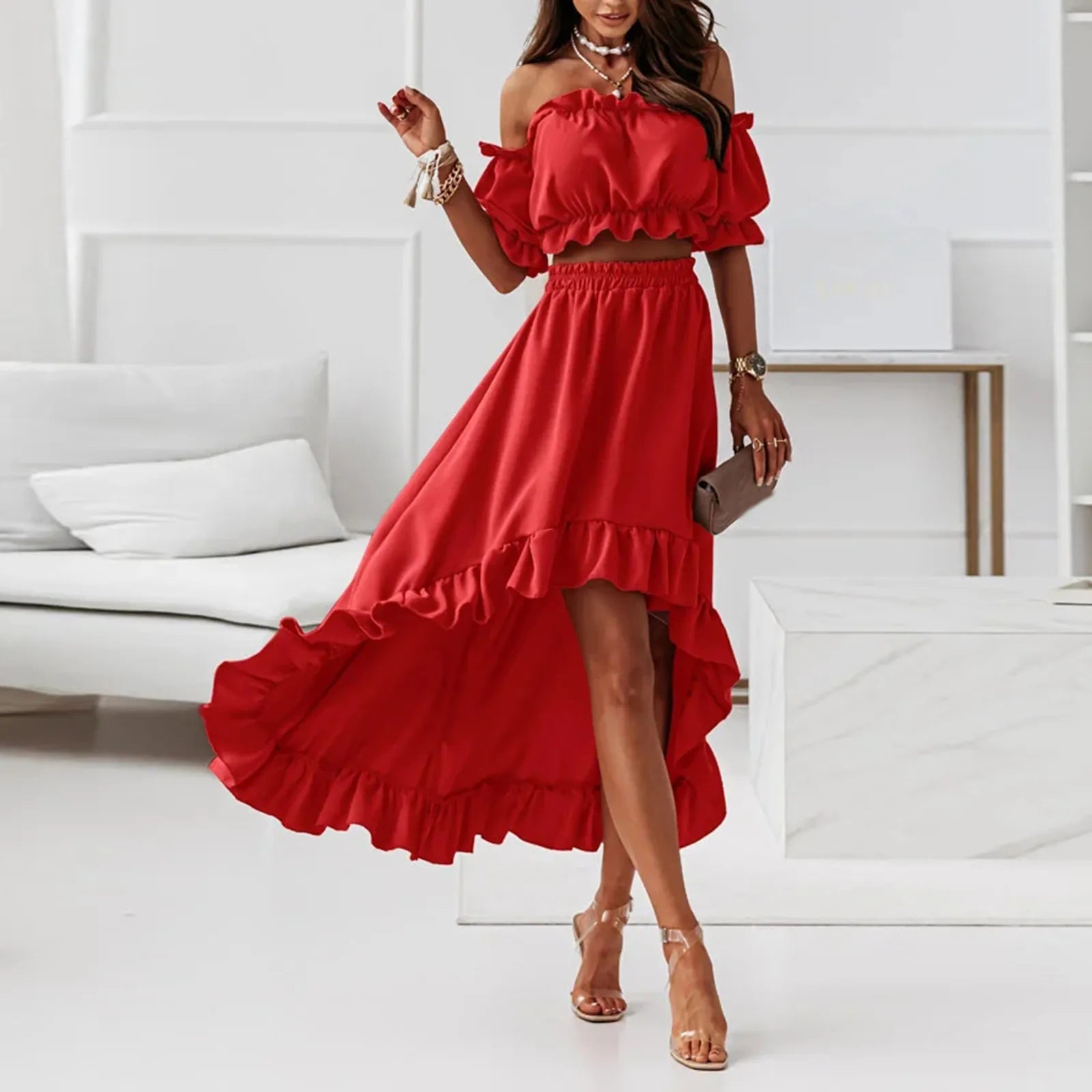 Chic Y2K Ruffle Maxi Dress with Puff Sleeves - Coquette Aesthetic Party Outfit