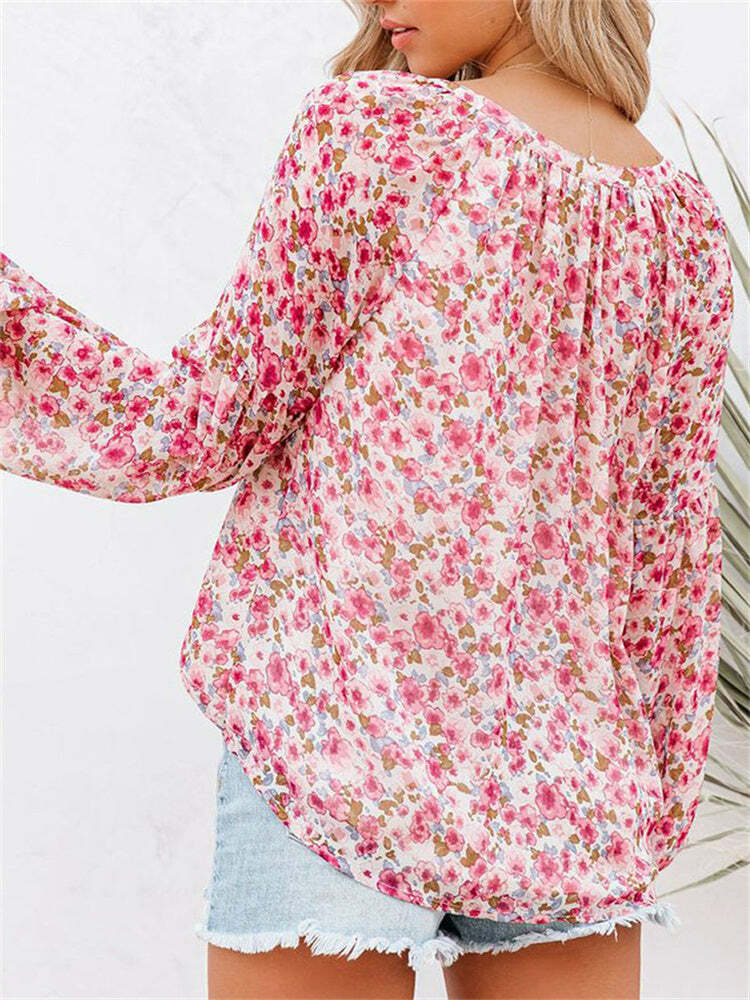 Chic Y2K V-Neck Chiffon Top with Lantern Sleeves - Cute Office Aesthetic T-Shirt