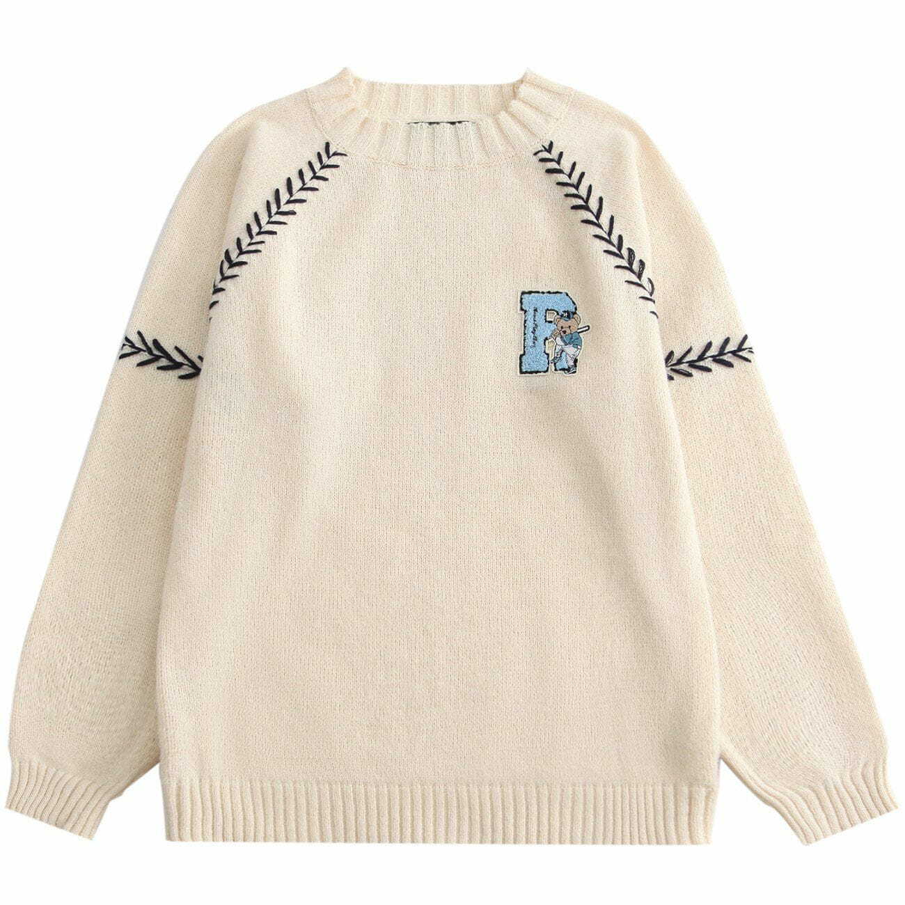 Coquette Aesthetic Embroidery Bear Knit Sweater - Y2K Fashion Cute Top for Fall