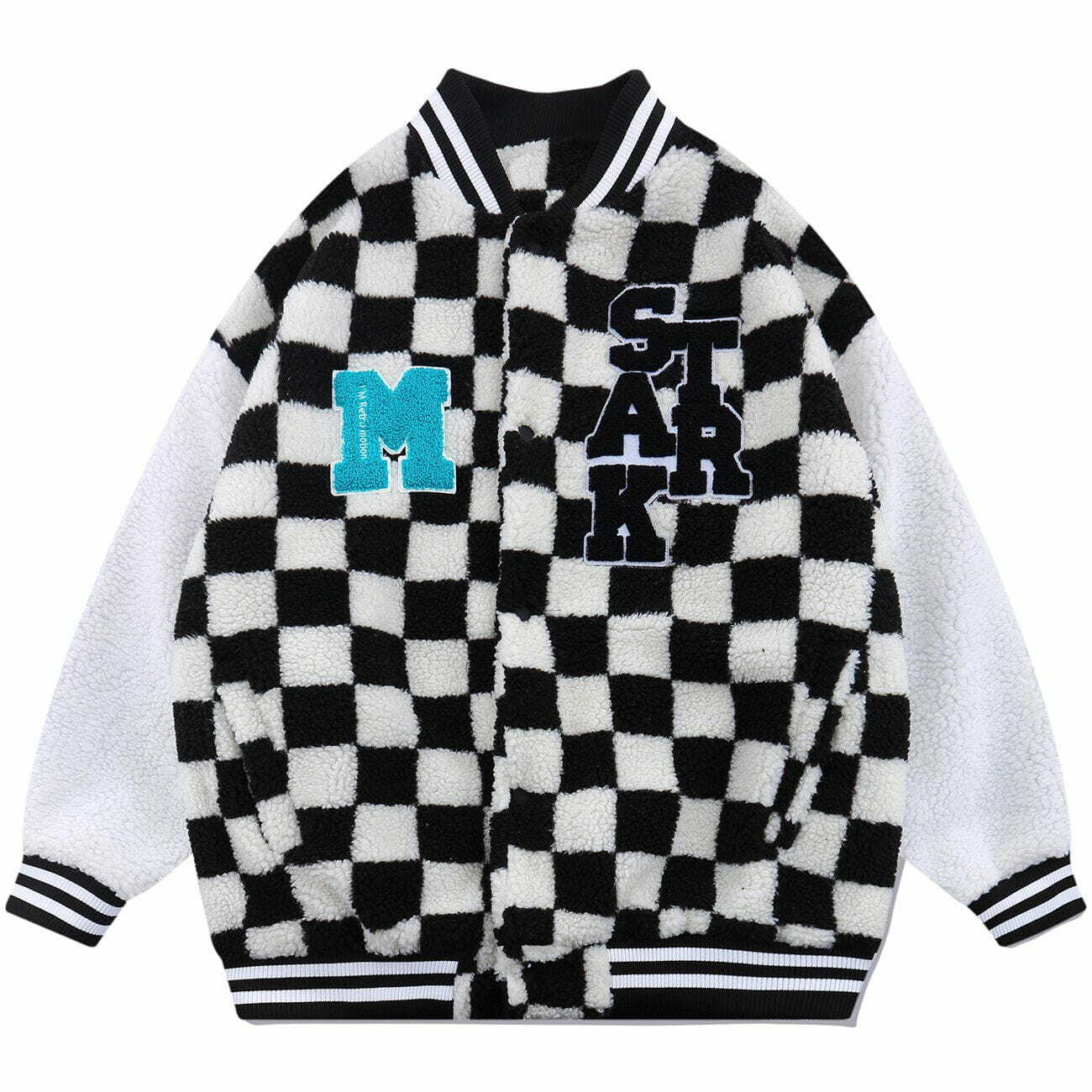 Coquette Aesthetic Flocking Letters Checkerboard Sherpa Winter Coat for Y2K Fashion Lovers