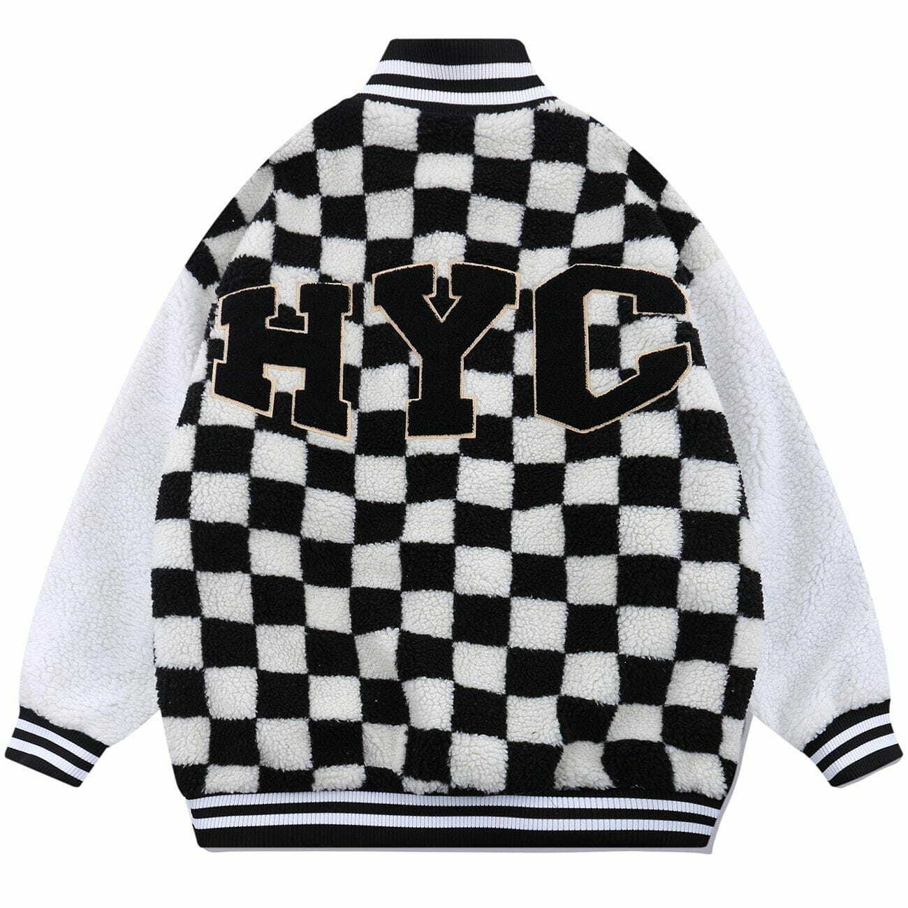 Coquette Aesthetic Flocking Letters Checkerboard Sherpa Winter Coat for Y2K Fashion Lovers