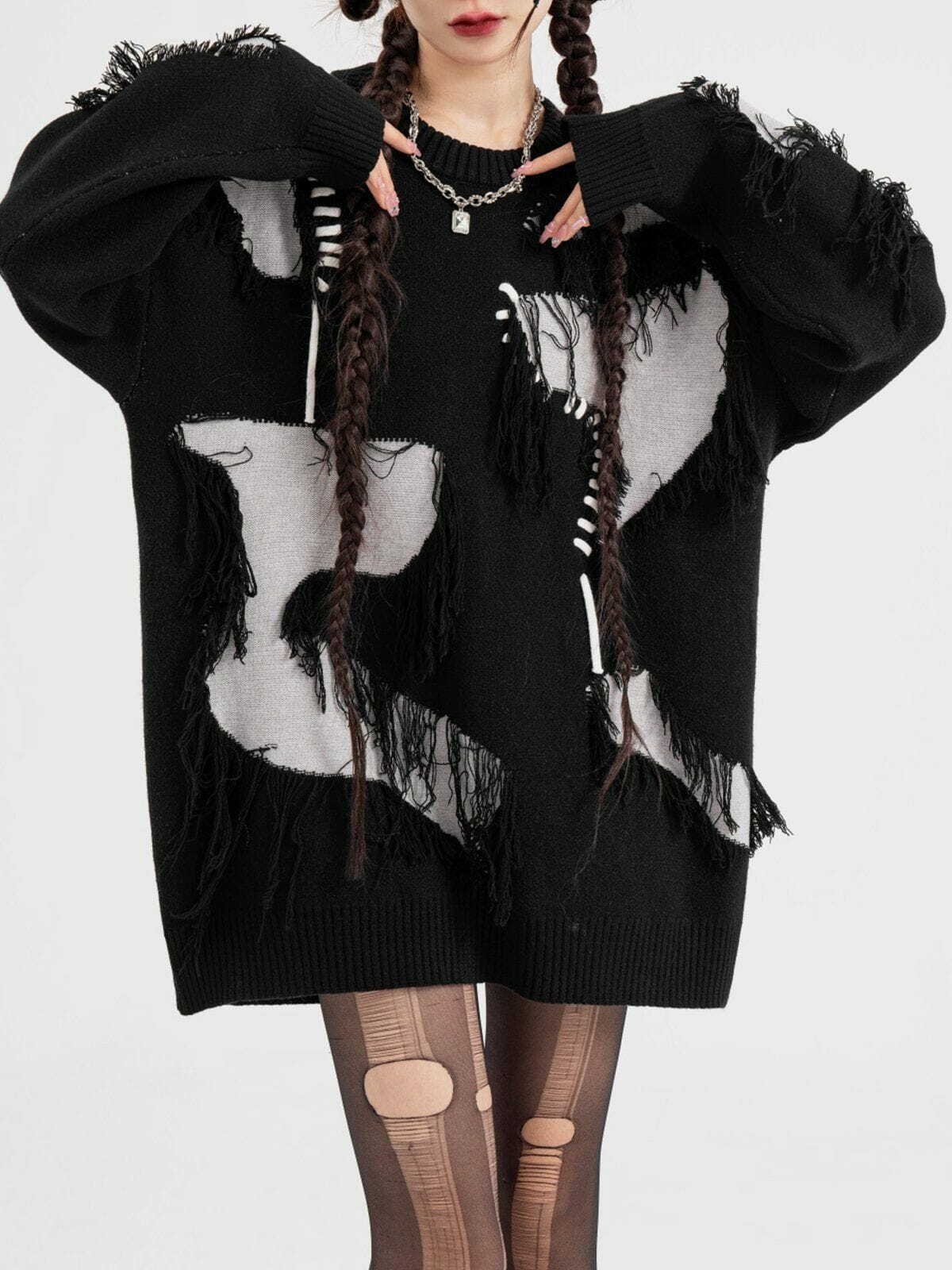 Coquette Aesthetic Patchwork Tassel Sweater - Y2K Fashion Meets Grunge Style