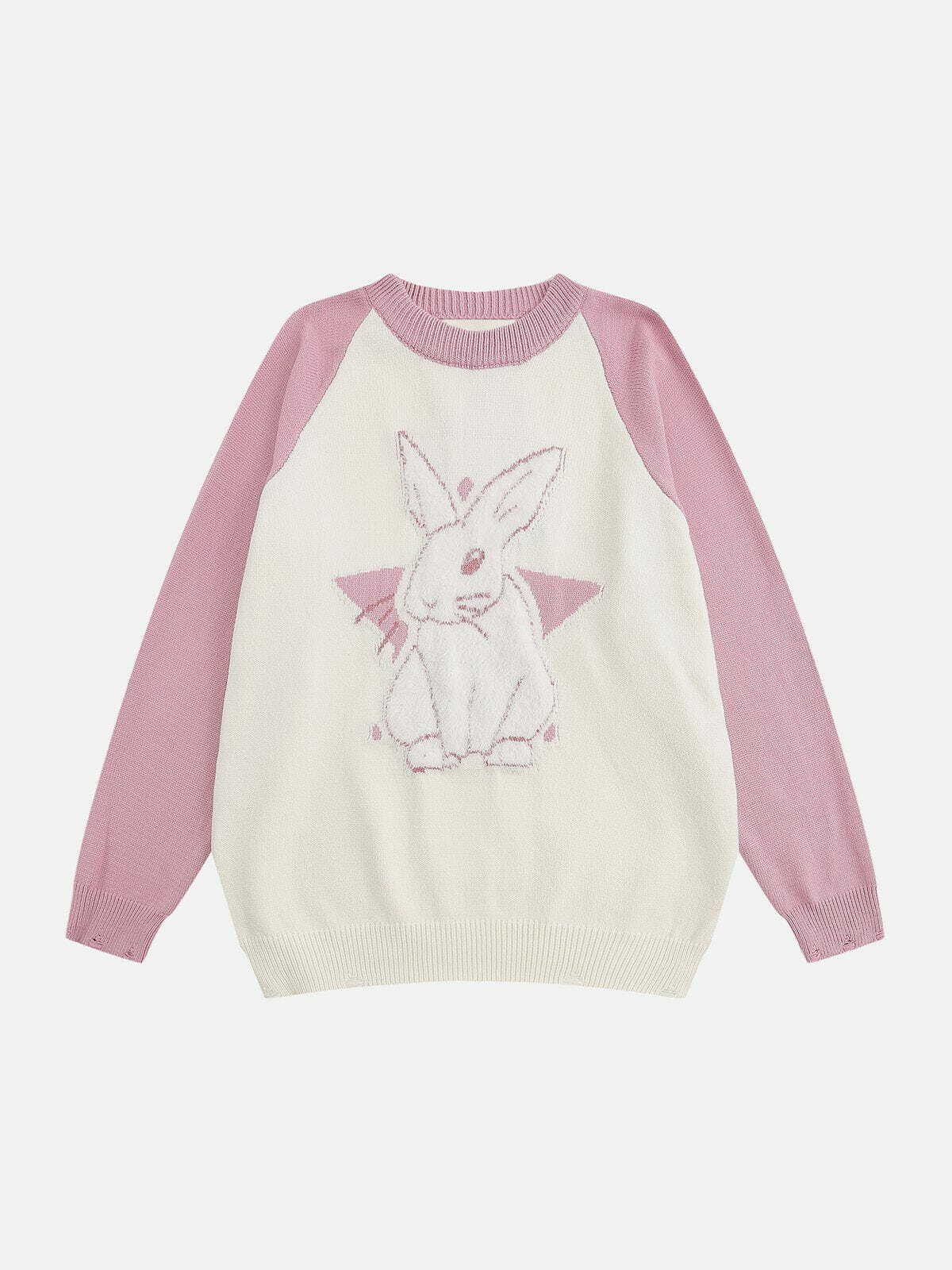 Coquette Aesthetic Plush Bunny Jacquard Frayed Knit Sweater - Y2K Fashion Essential