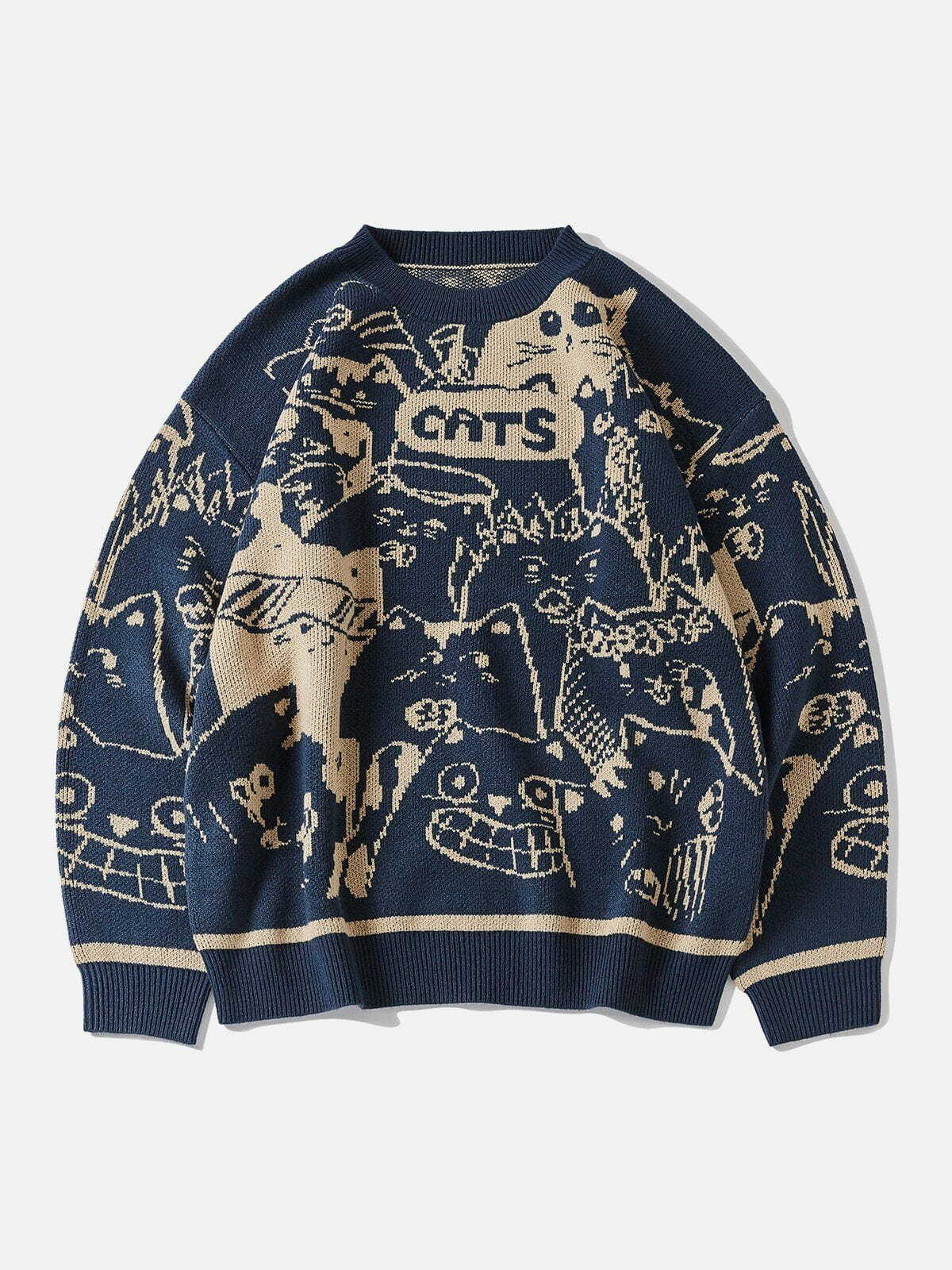 Cozy Cartoon Cat Knit Sweater - Y2K Aesthetic Cute Top for Grunge & Coquette Styles