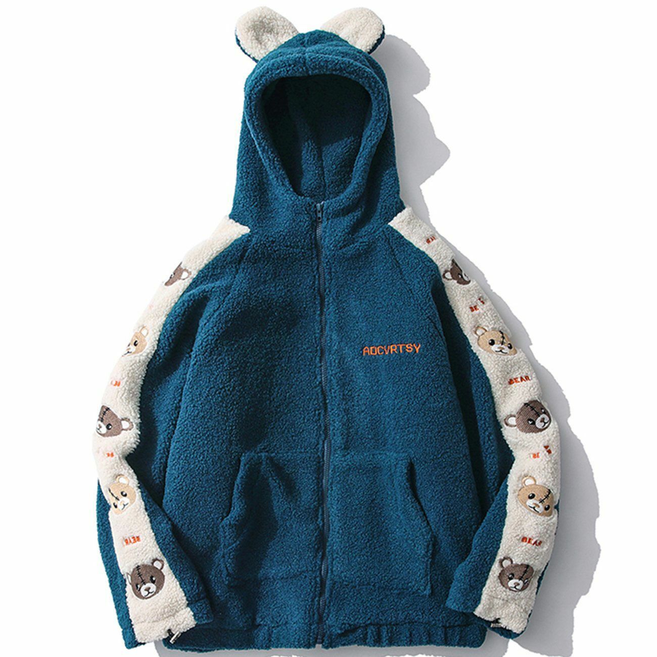 Cozy Embroidered Bear Patchwork Sherpa Winter Coat for Y2K, Grunge, and Coquette Aesthetics