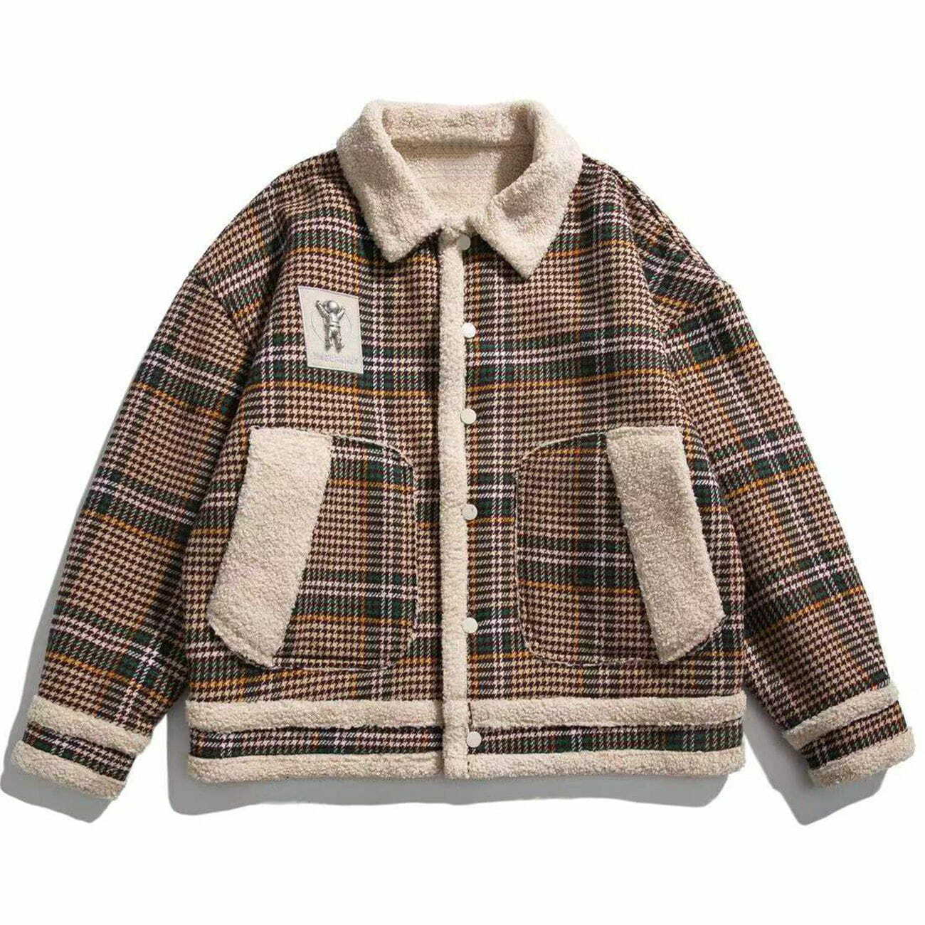 Cozy Plaid Sherpa Winter Coat - Y2K Aesthetic Outerwear for Grunge and Coquette Styles